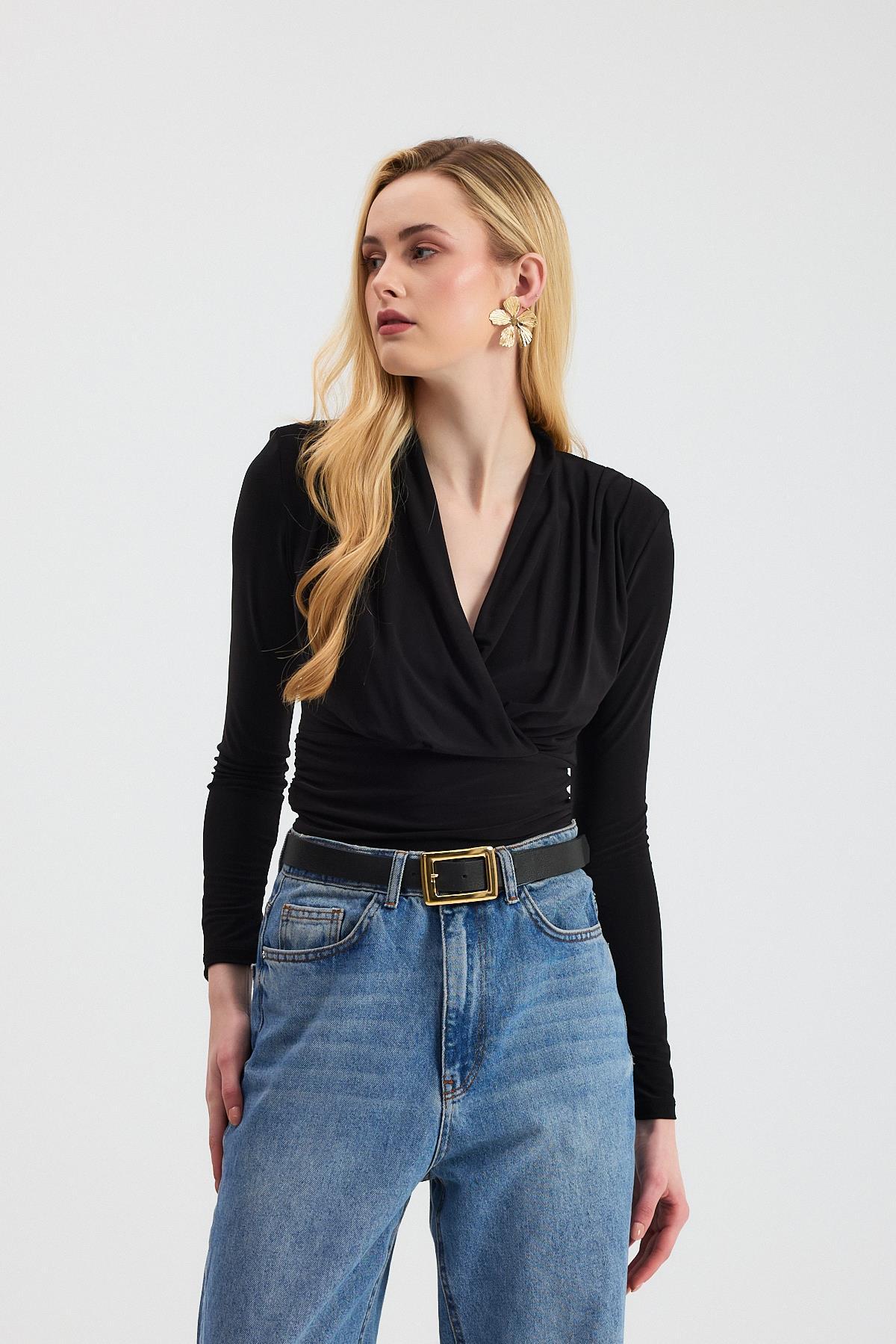 Siyah Kruvaze Yaka Vatkalı Bluz 9256 - 8