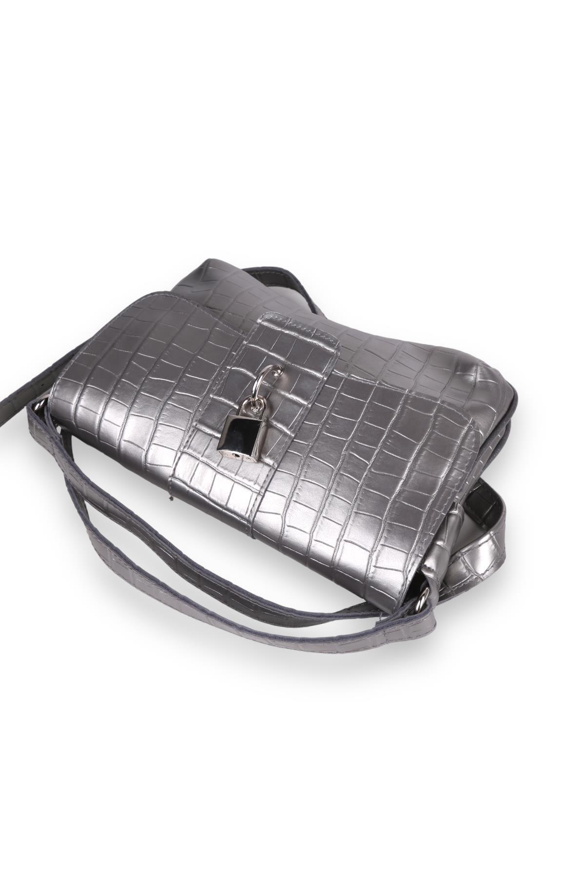 9288 Kilit Aksesuar Detay Çanta Gümüş - 4