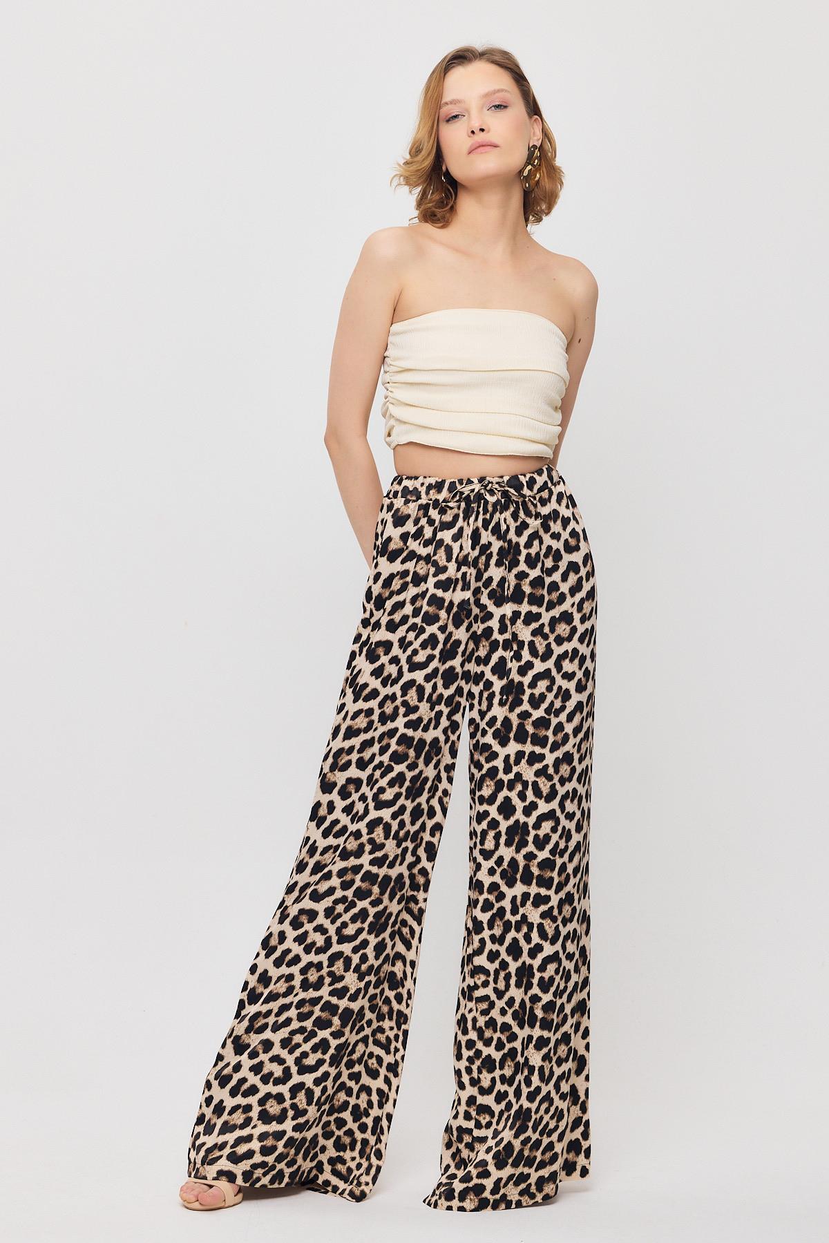 9410 Leopar Desen Saten Palazzo/Dökümlü Pantolon Bej 