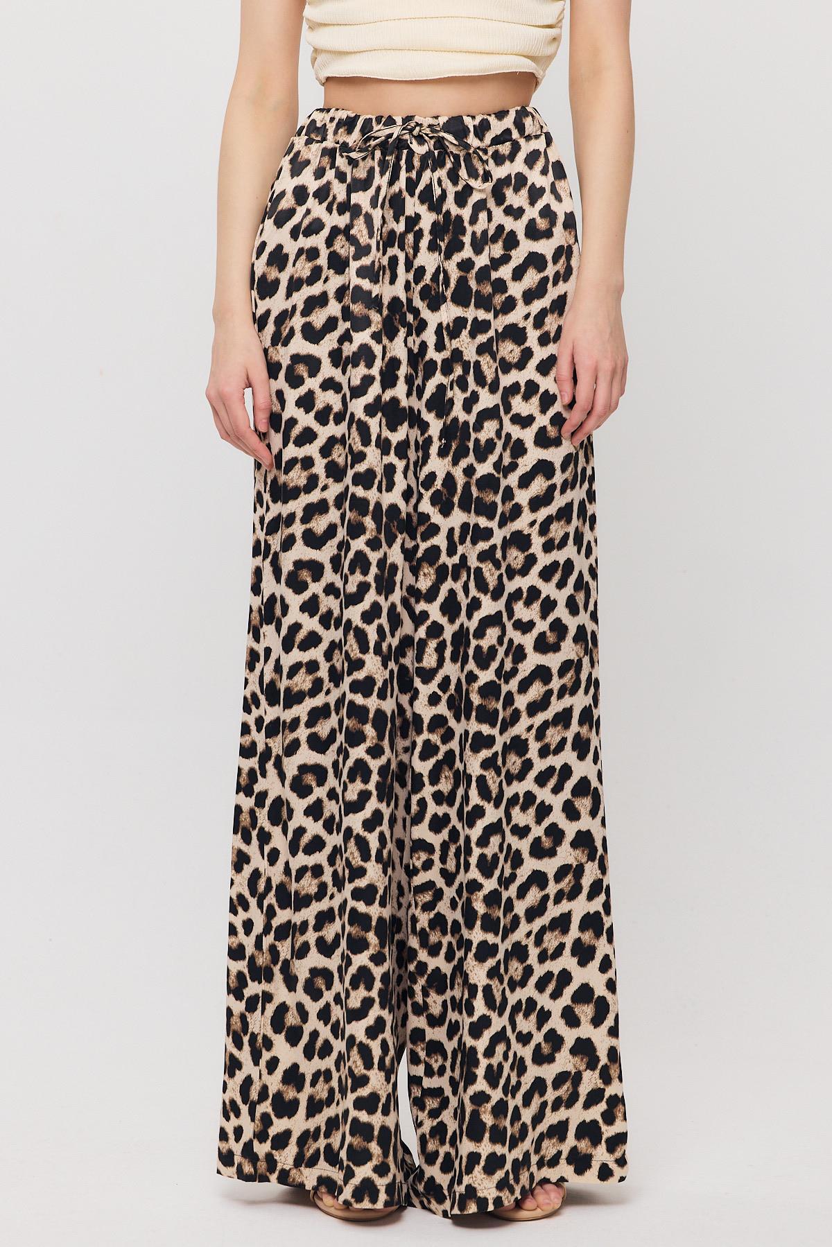 9410 Leopar Desen Saten Palazzo/Dökümlü Pantolon Bej - 2