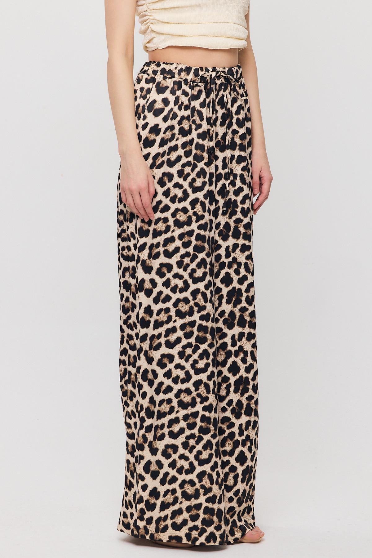 9410 Leopar Desen Saten Palazzo/Dökümlü Pantolon Bej - 3