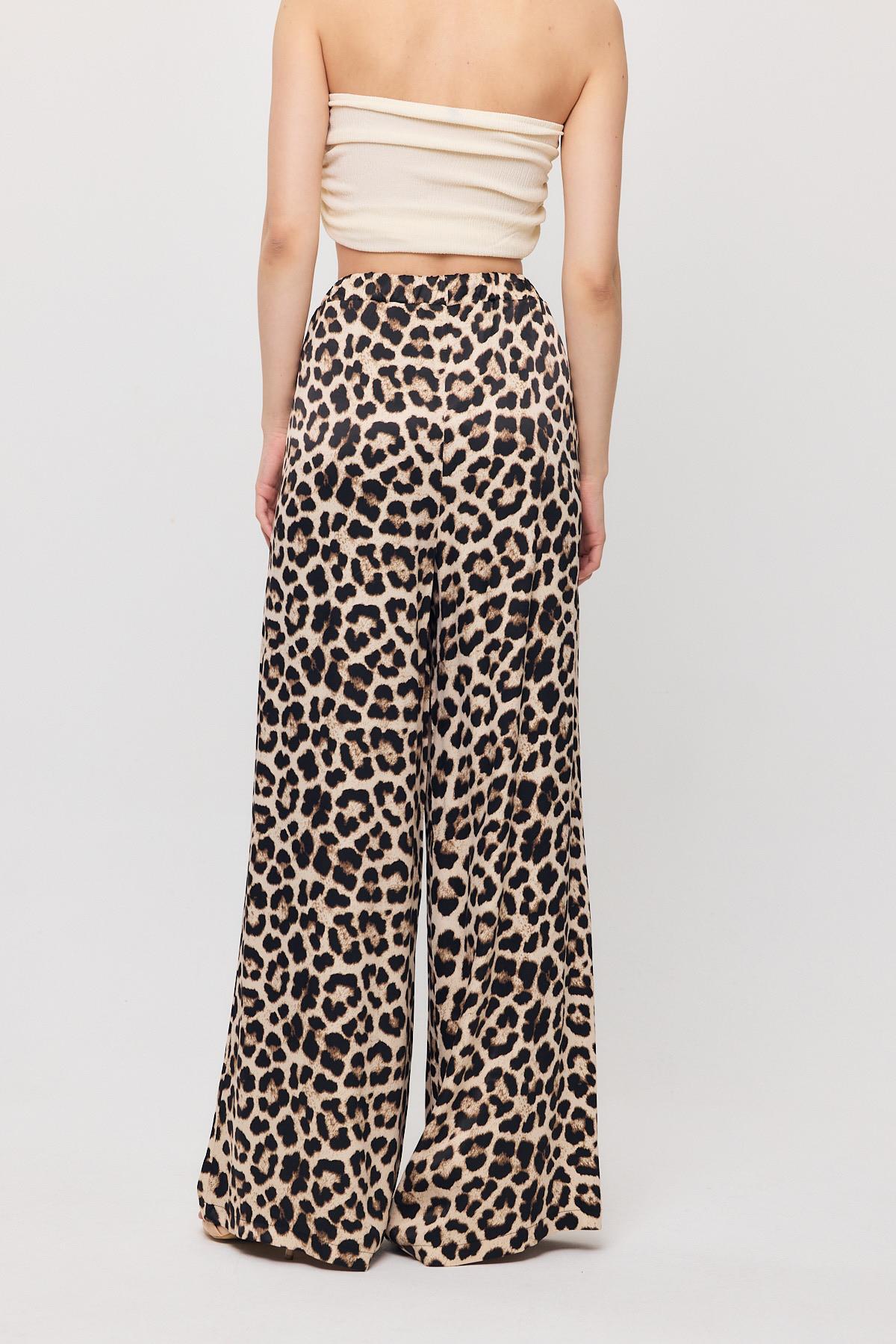 9410 Leopar Desen Saten Palazzo/Dökümlü Pantolon Bej - 5