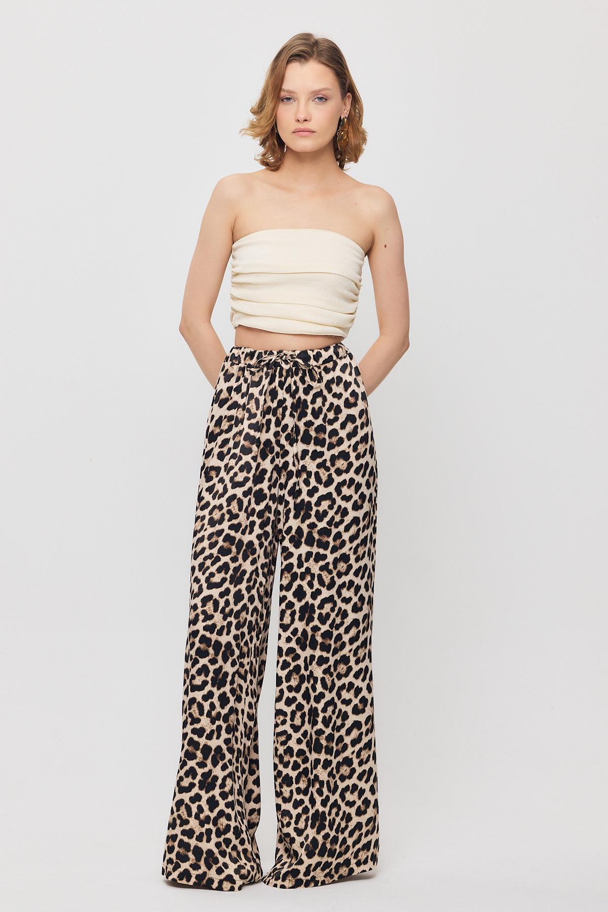 9410 Leopar Desen Saten Palazzo/Dökümlü Pantolon Bej - 6