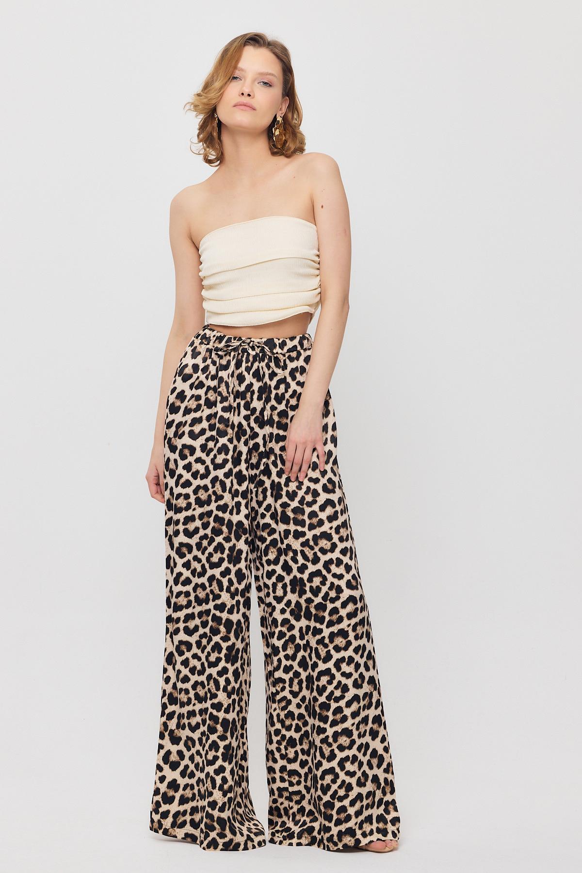 9410 Leopar Desen Saten Palazzo/Dökümlü Pantolon Bej - 8