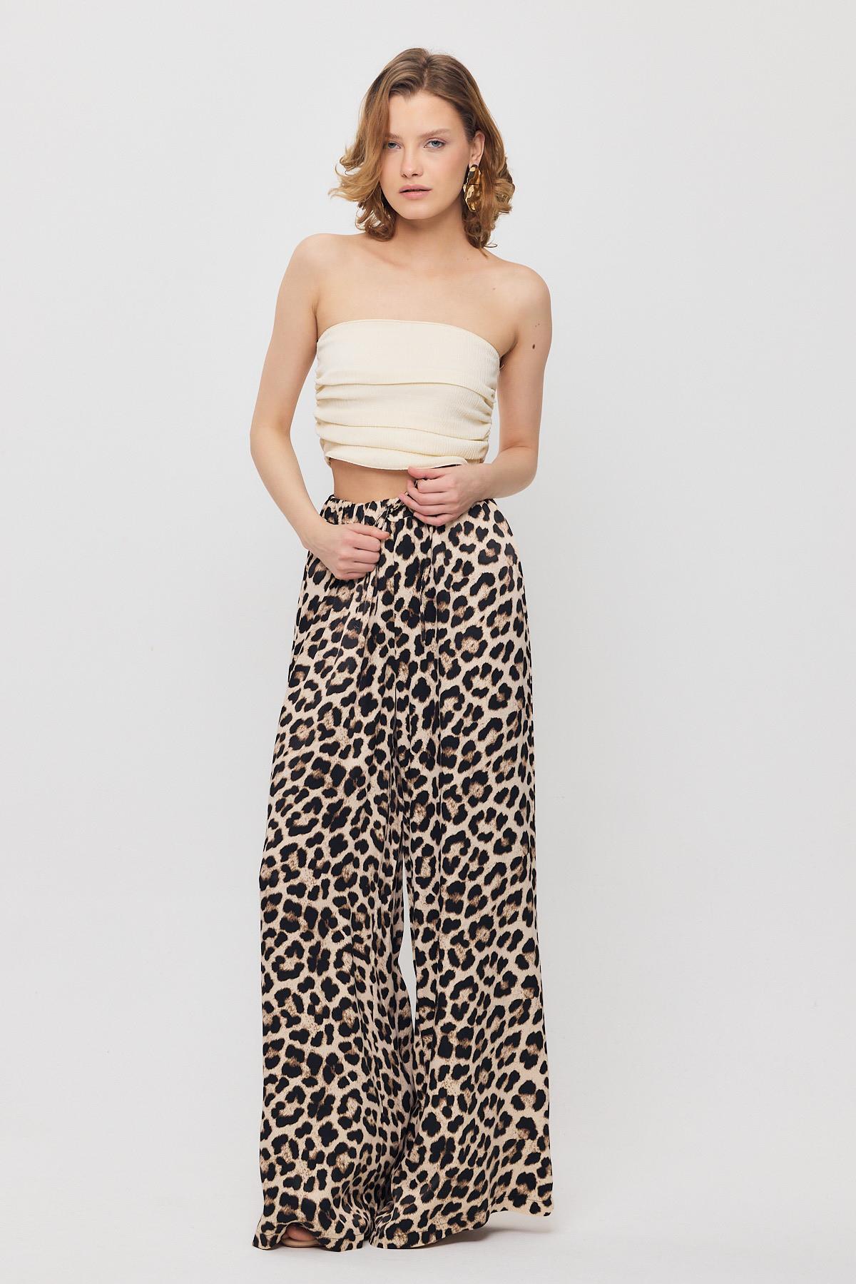 9410 Leopar Desen Saten Palazzo/Dökümlü Pantolon Bej - 7