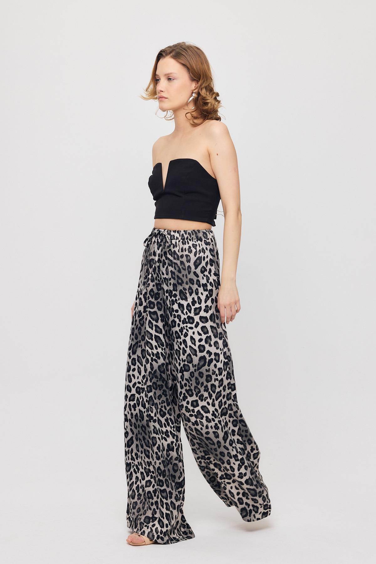9410 Leopar Desen Saten Palazzo/Dökümlü Pantolon Gri - 1