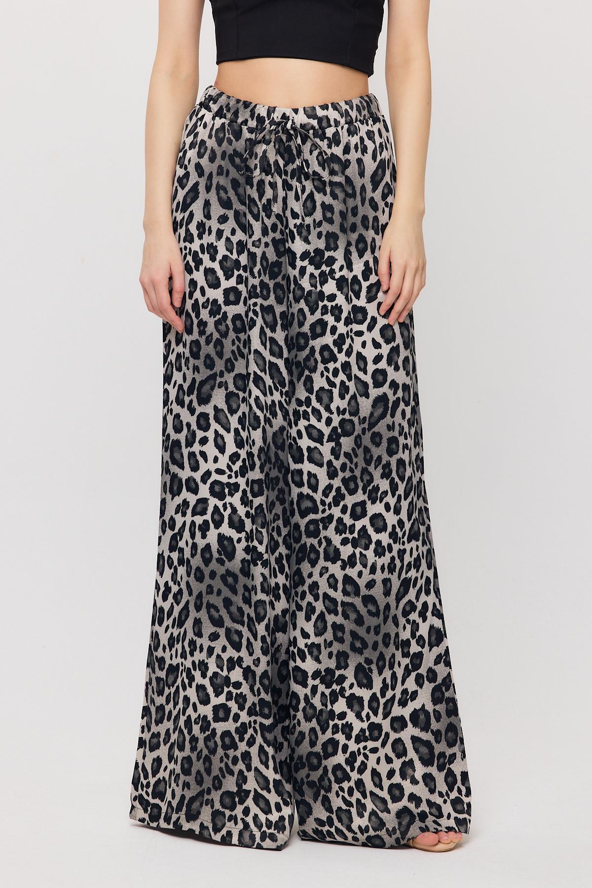 9410 Leopar Desen Saten Palazzo/Dökümlü Pantolon Gri - 2