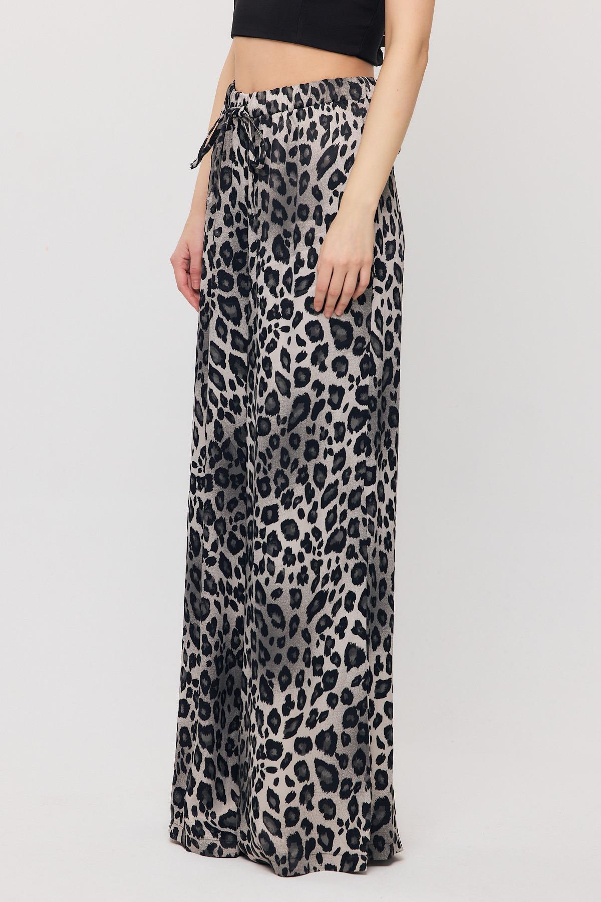 9410 Leopar Desen Saten Palazzo/Dökümlü Pantolon Gri - 3