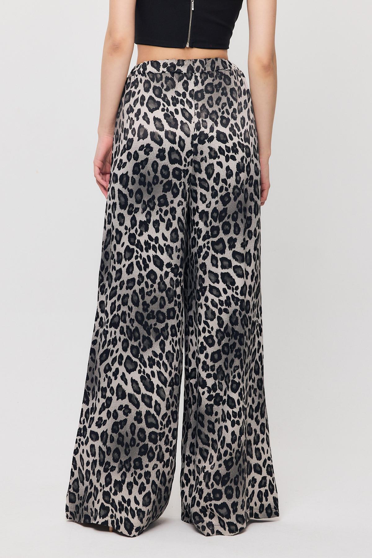9410 Leopar Desen Saten Palazzo/Dökümlü Pantolon Gri - 5