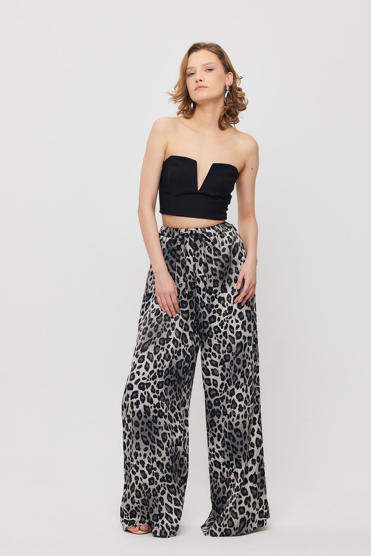 9410 Leopar Desen Saten Palazzo/Dökümlü Pantolon Gri - 7