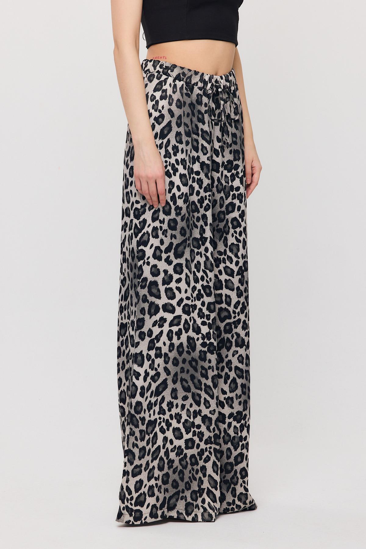 9410 Leopar Desen Saten Palazzo/Dökümlü Pantolon Gri - 6