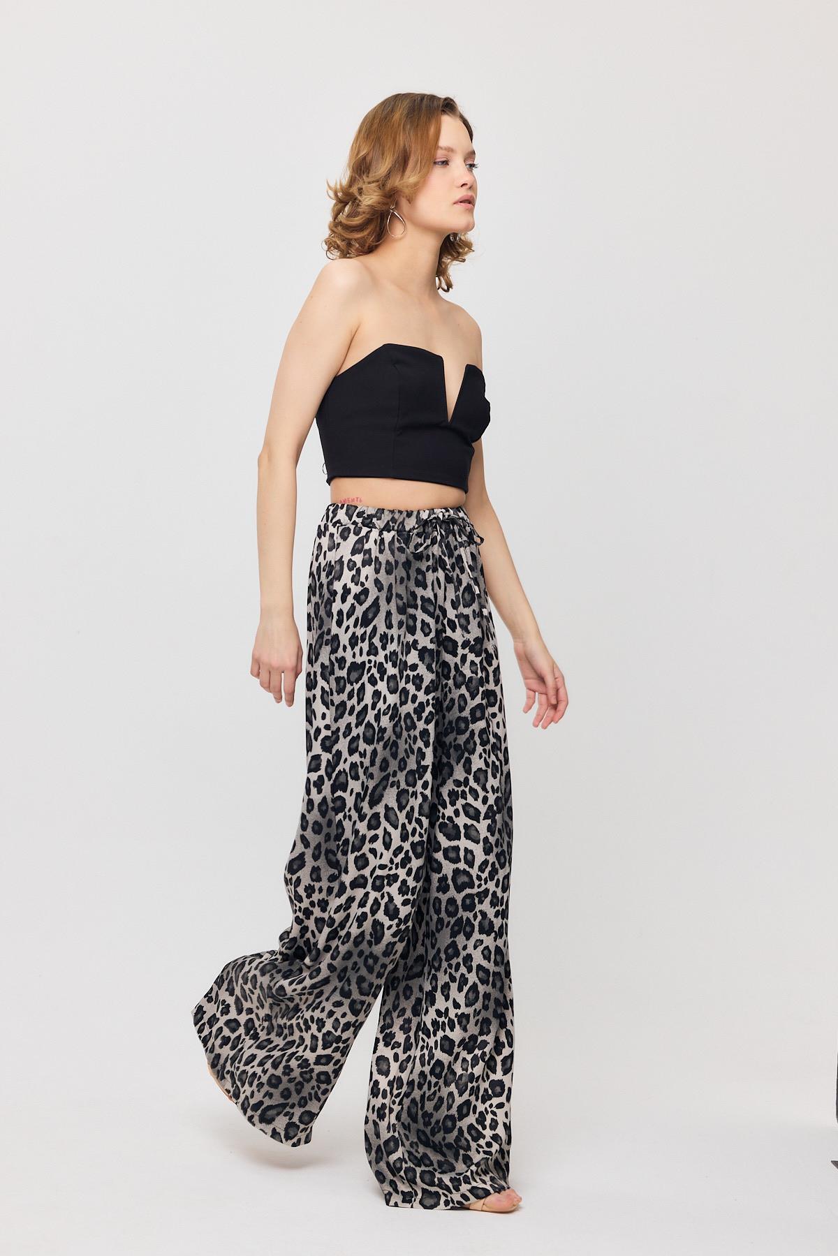 9410 Leopar Desen Saten Palazzo/Dökümlü Pantolon Gri - 8