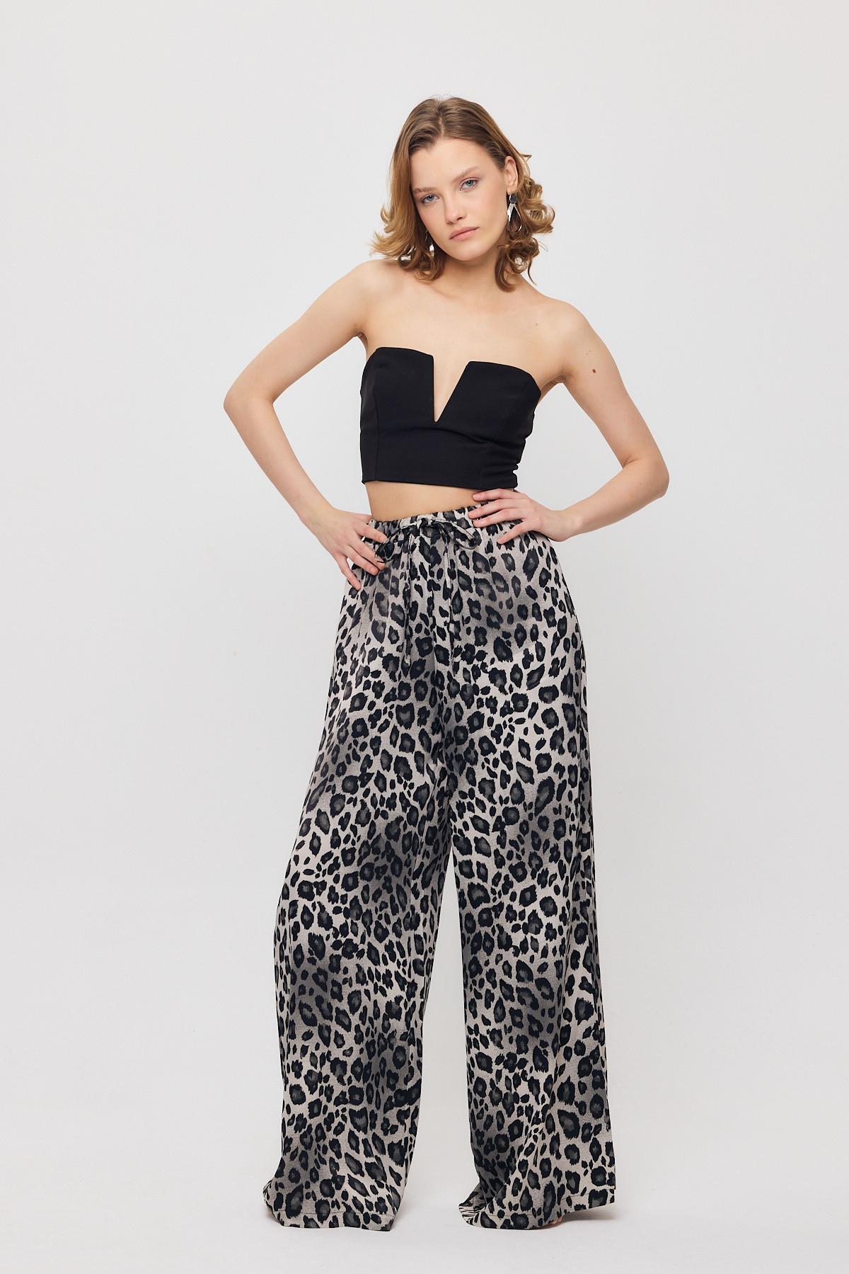 Gri Leopar Desen Bel Bağcık Pantolon 9410 - 4