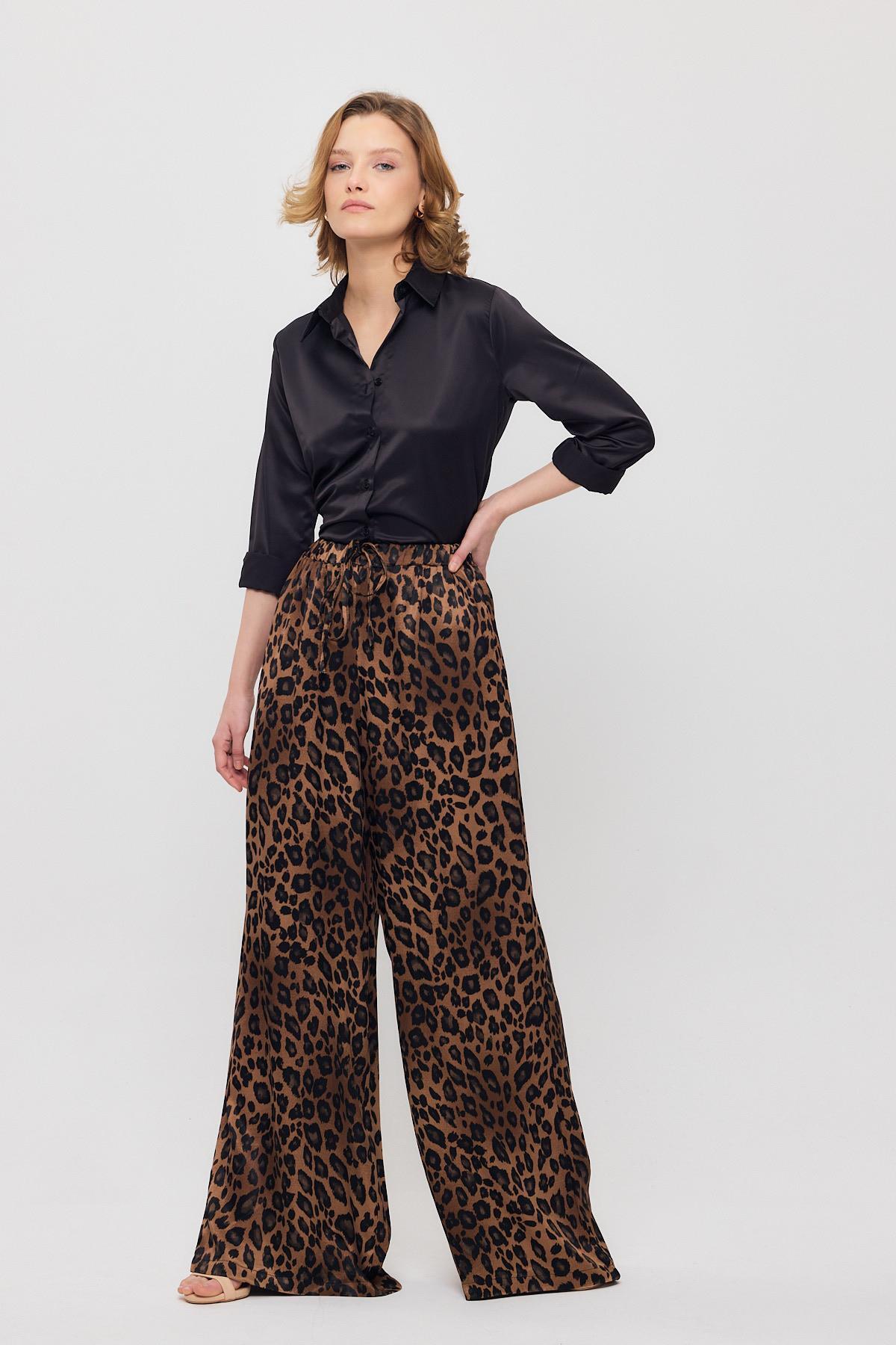 9410 Leopar Desen Saten Palazzo/Dökümlü Pantolon Kahve 