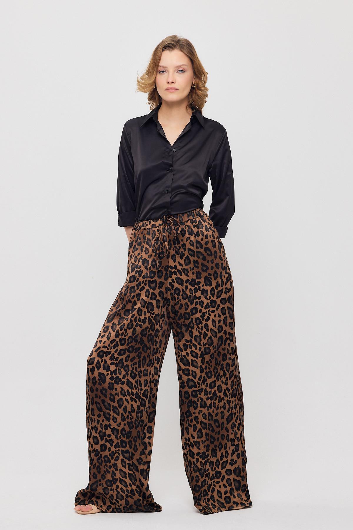 9410 Leopar Desen Saten Palazzo/Dökümlü Pantolon Kahve - 4