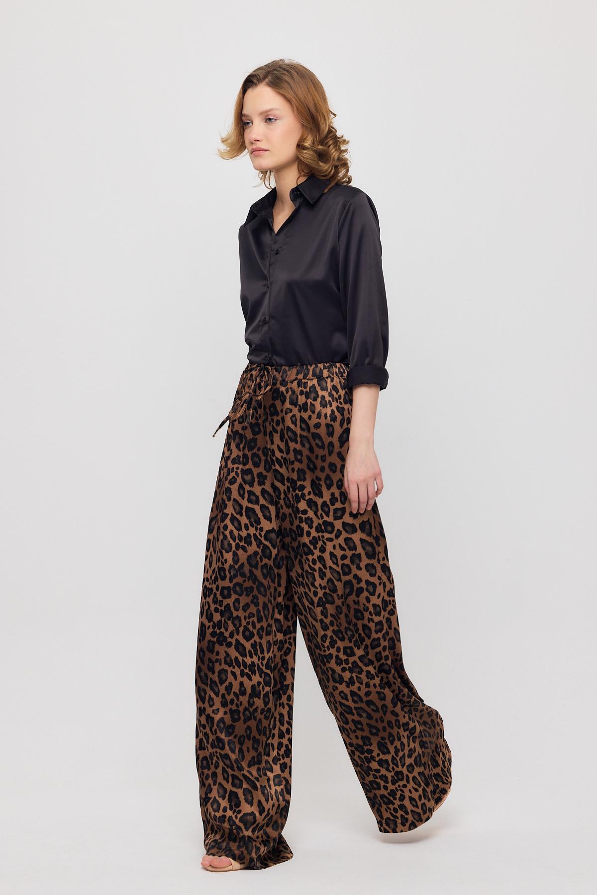 9410 Leopar Desen Saten Palazzo/Dökümlü Pantolon Kahve - 6