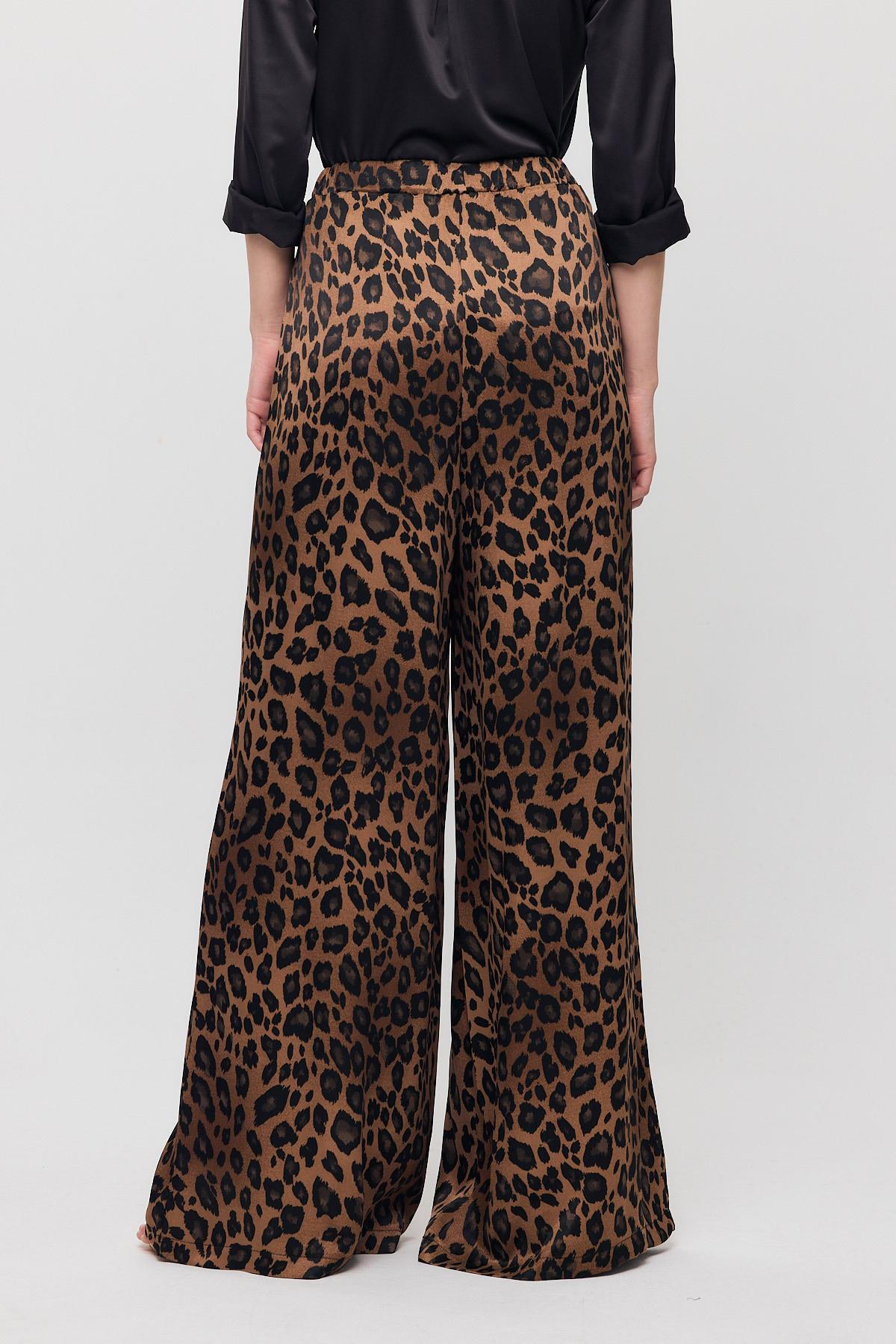 9410 Leopar Desen Saten Palazzo/Dökümlü Pantolon Kahve - 5