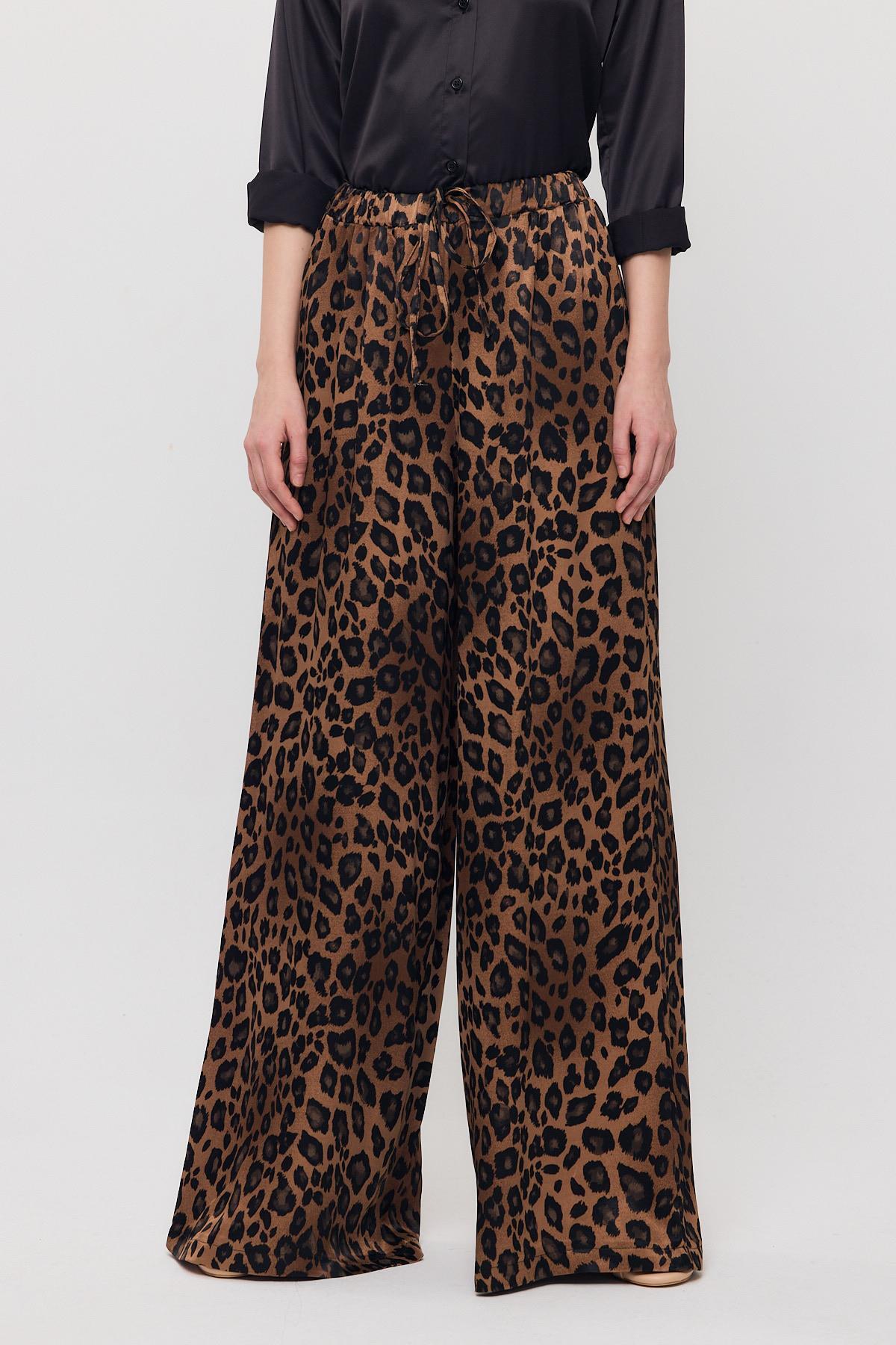 9410 Leopar Desen Saten Palazzo/Dökümlü Pantolon Kahve - 2