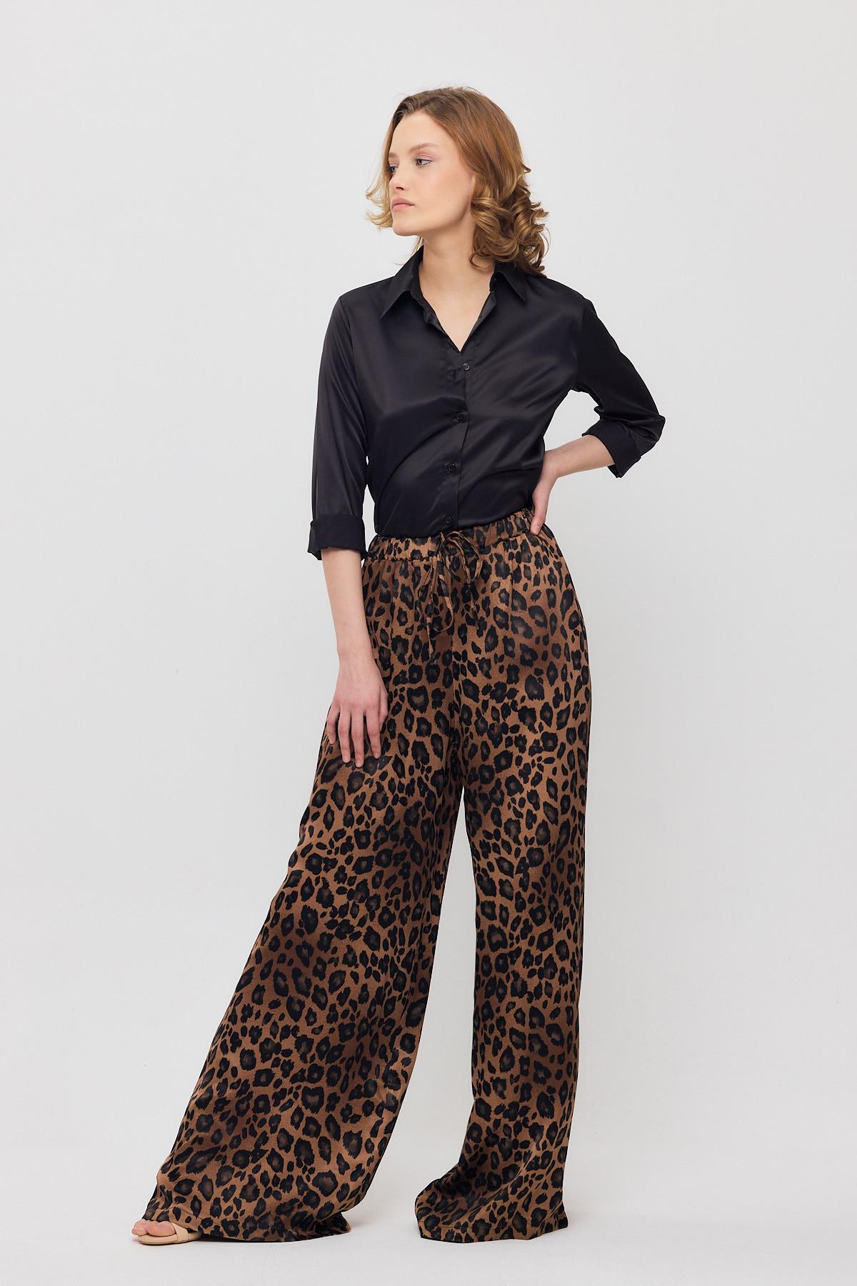 9410 Leopar Desen Saten Palazzo/Dökümlü Pantolon Kahve - 7