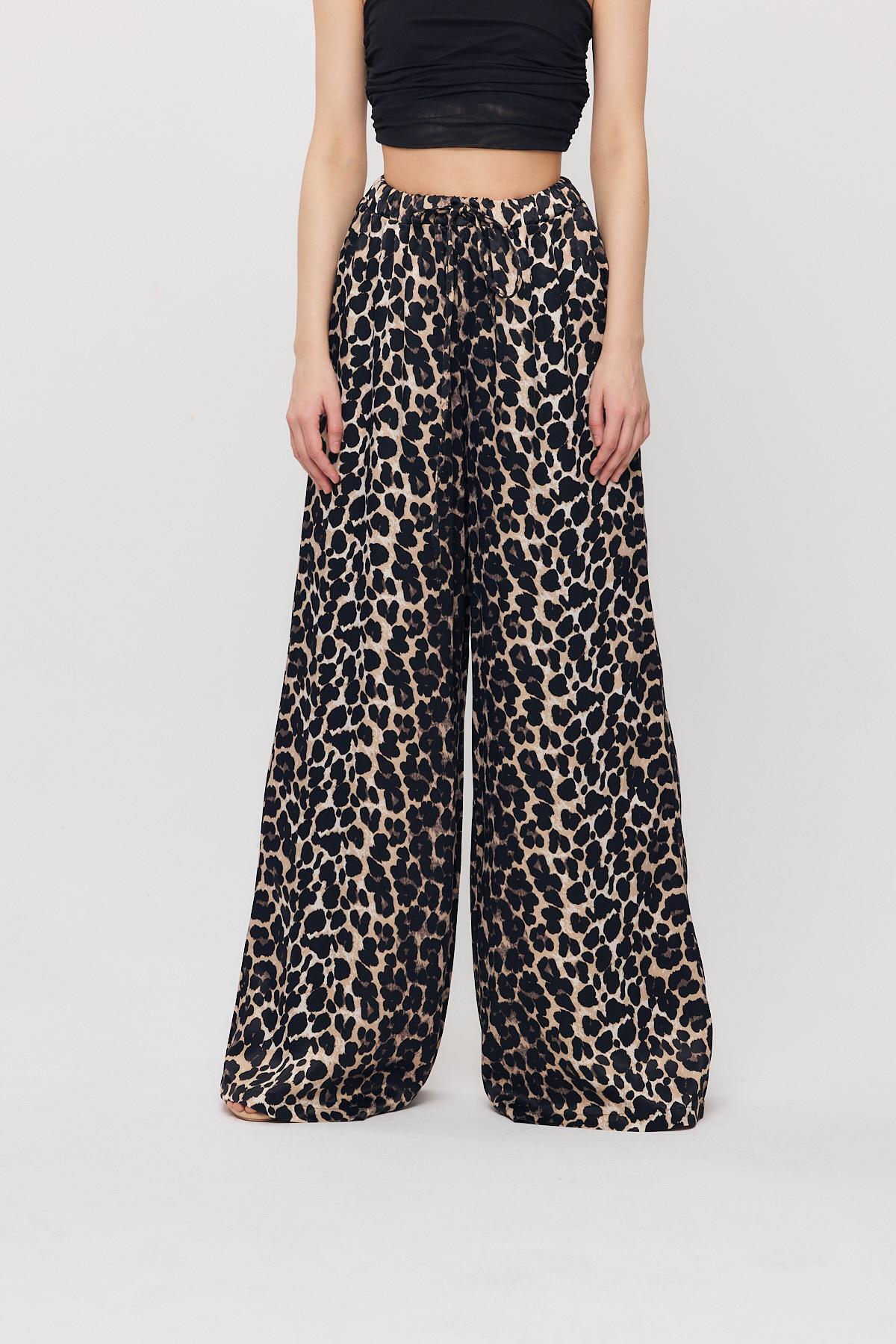 9410 Leopar Desen Saten Palazzo/Dökümlü Pantolon Siyah - 3