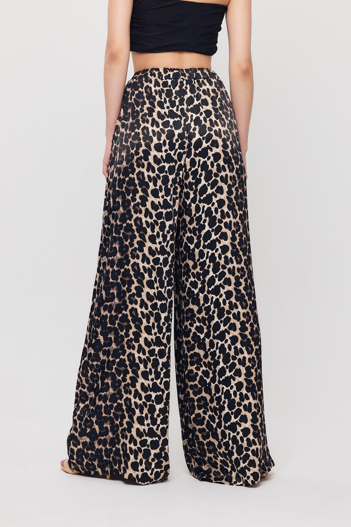 9410 Leopar Desen Saten Palazzo/Dökümlü Pantolon Siyah - 5