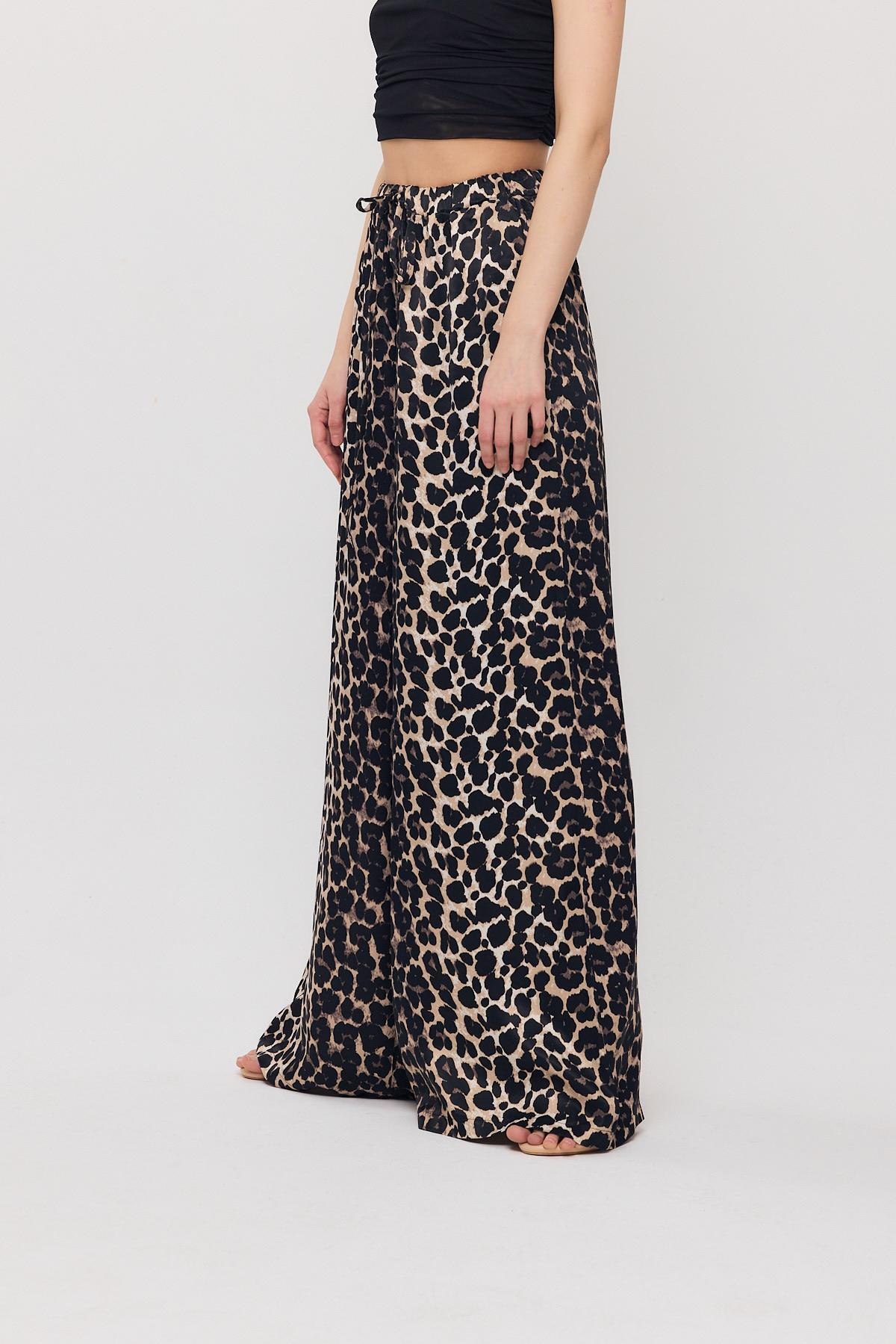 9410 Leopar Desen Saten Palazzo/Dökümlü Pantolon Siyah - 6