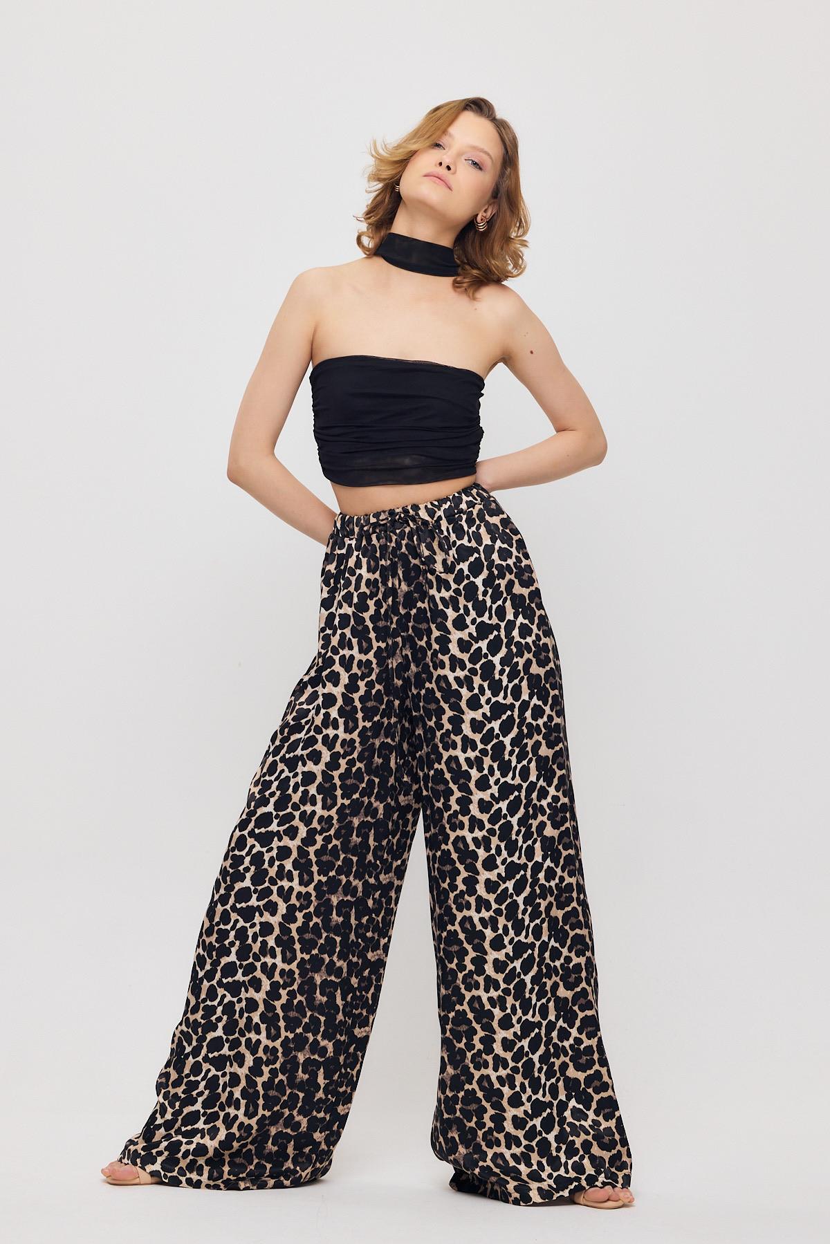 9410 Leopar Desen Saten Palazzo/Dökümlü Pantolon Siyah - 7