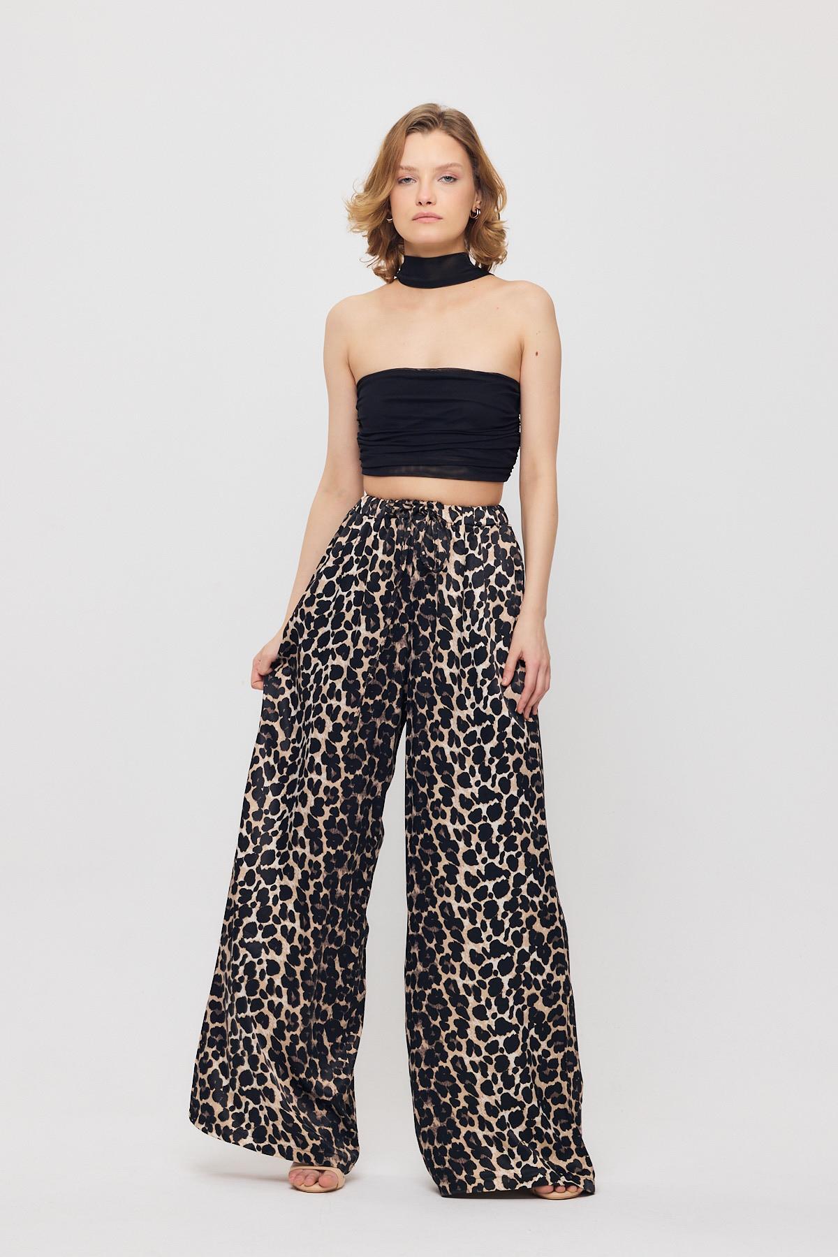 9410 Leopar Desen Saten Palazzo/Dökümlü Pantolon Siyah - 2