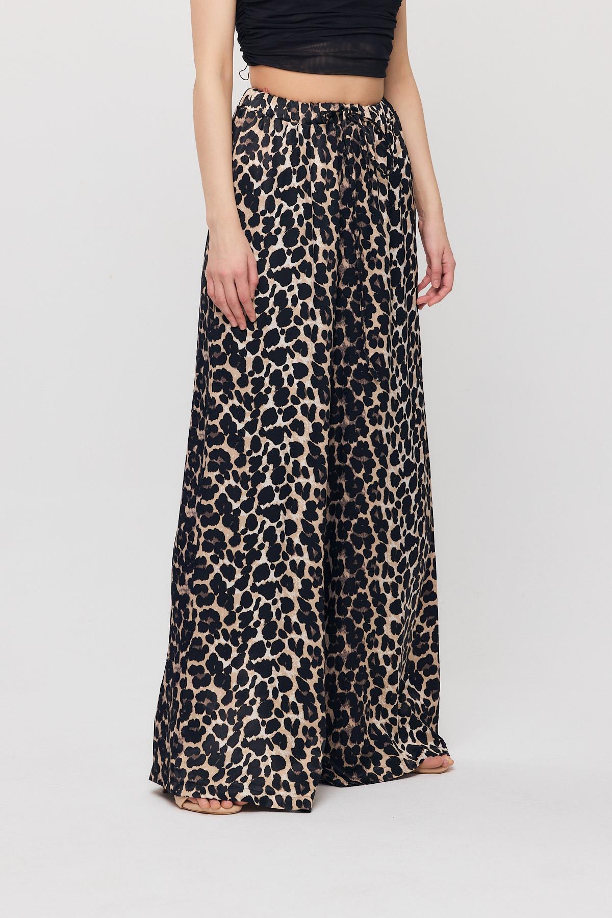 9410 Leopar Desen Saten Palazzo/Dökümlü Pantolon Siyah - 4