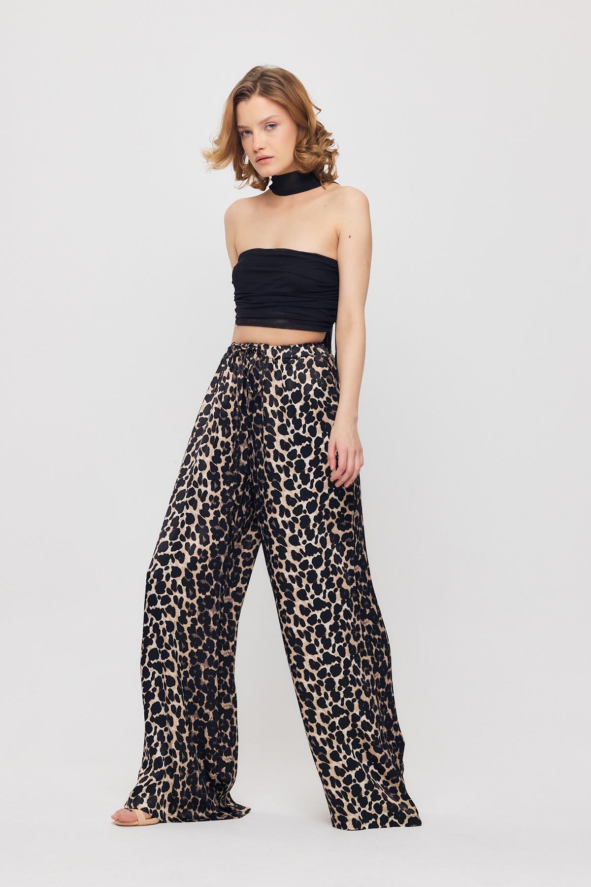 9410 Leopar Desen Saten Palazzo/Dökümlü Pantolon Siyah 