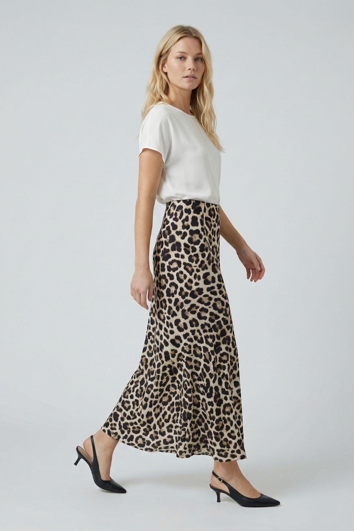 9416 Leopar Desen Saten Etek Bej - 1