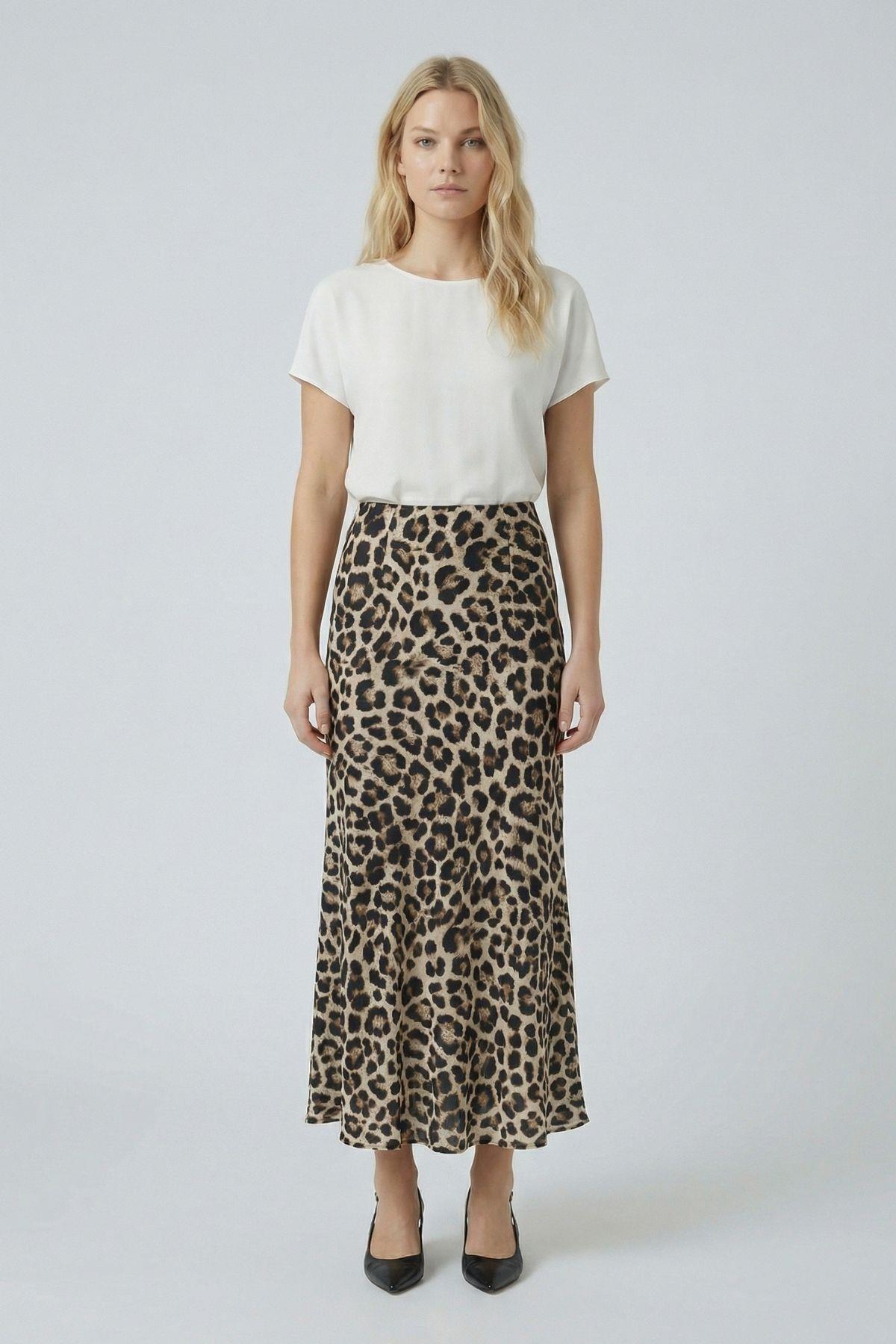 9416 Leopar Desen Saten Etek Bej - 2