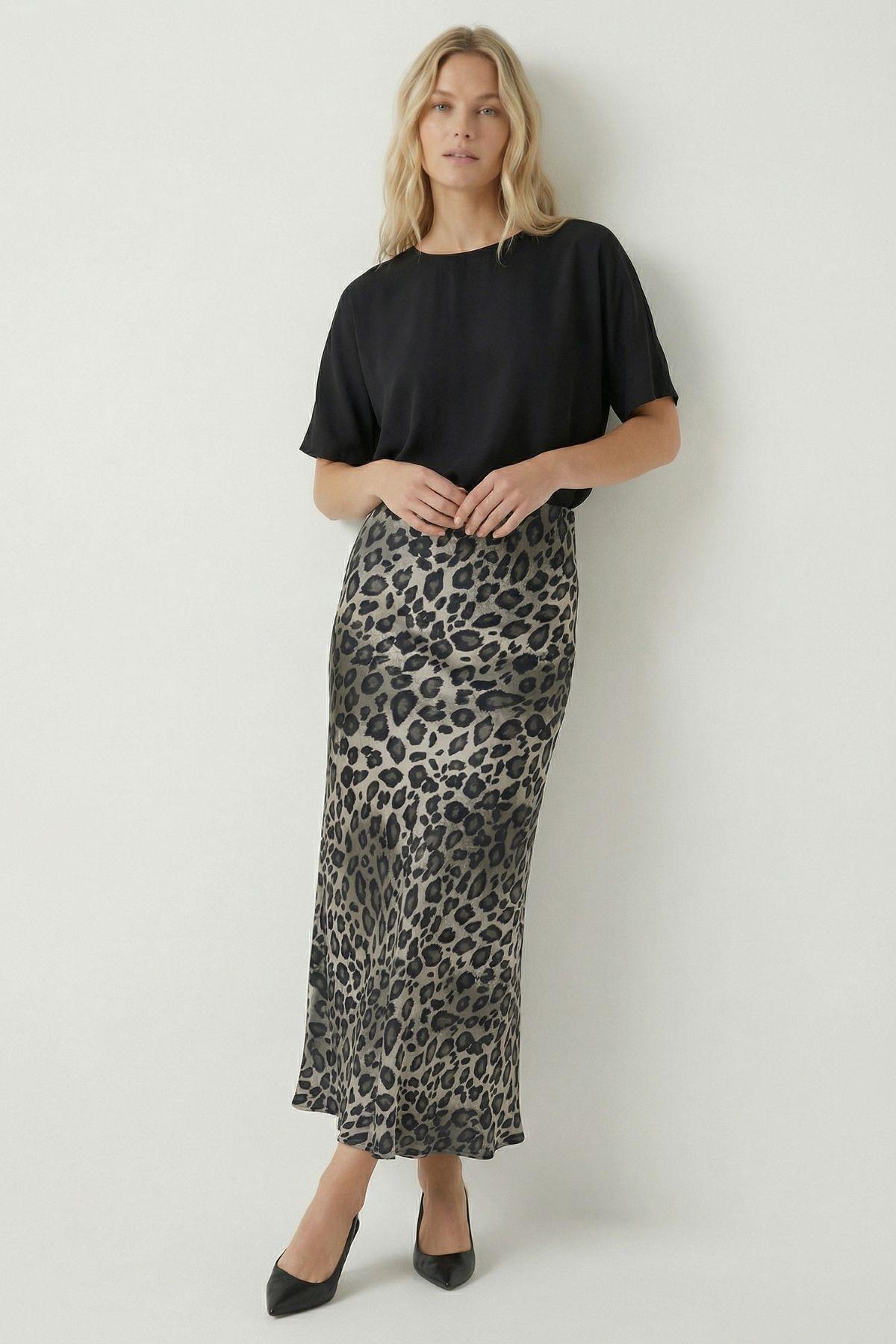 9416 Leopar Desen Saten Etek Gri - 1