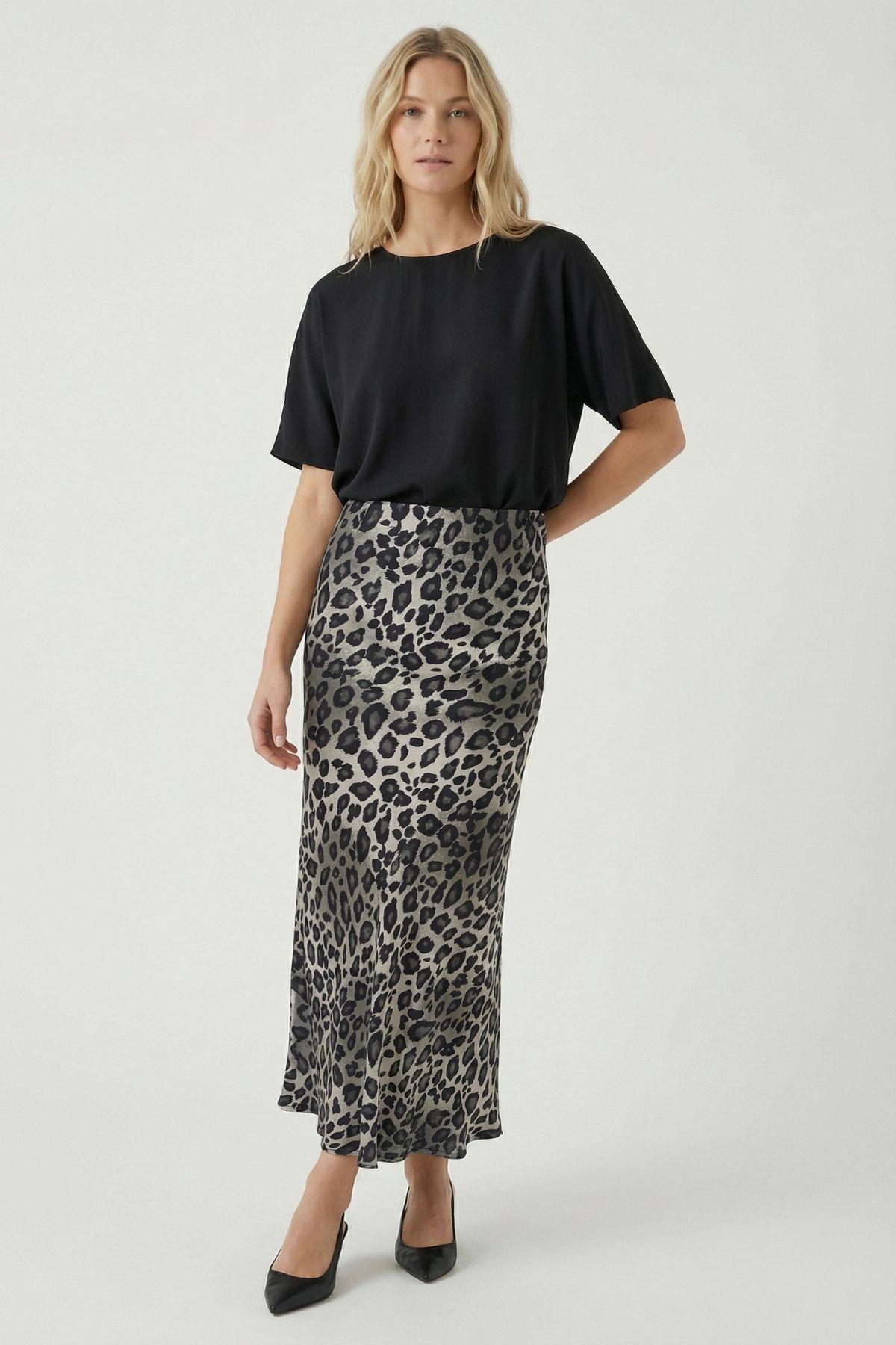 9416 Leopar Desen Saten Etek Gri - RAYS