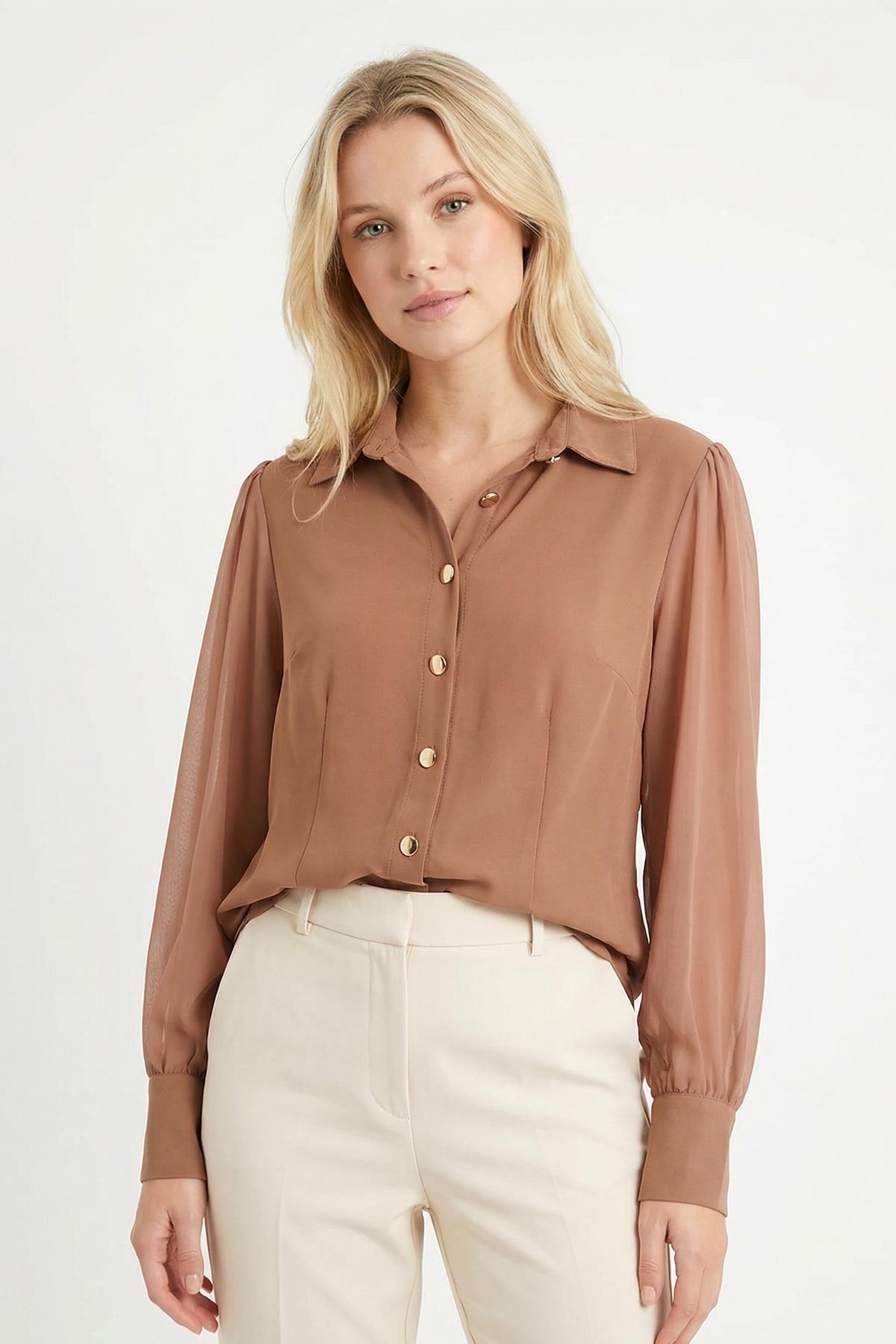 Vizon Kol Tüllü Düğmeli Bluz 9475 