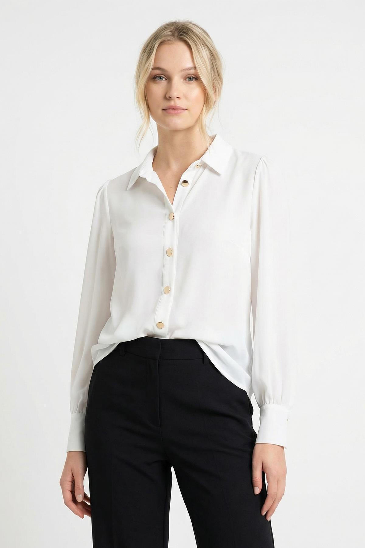 Beyaz Kol Tüllü Düğmeli Bluz 9475 