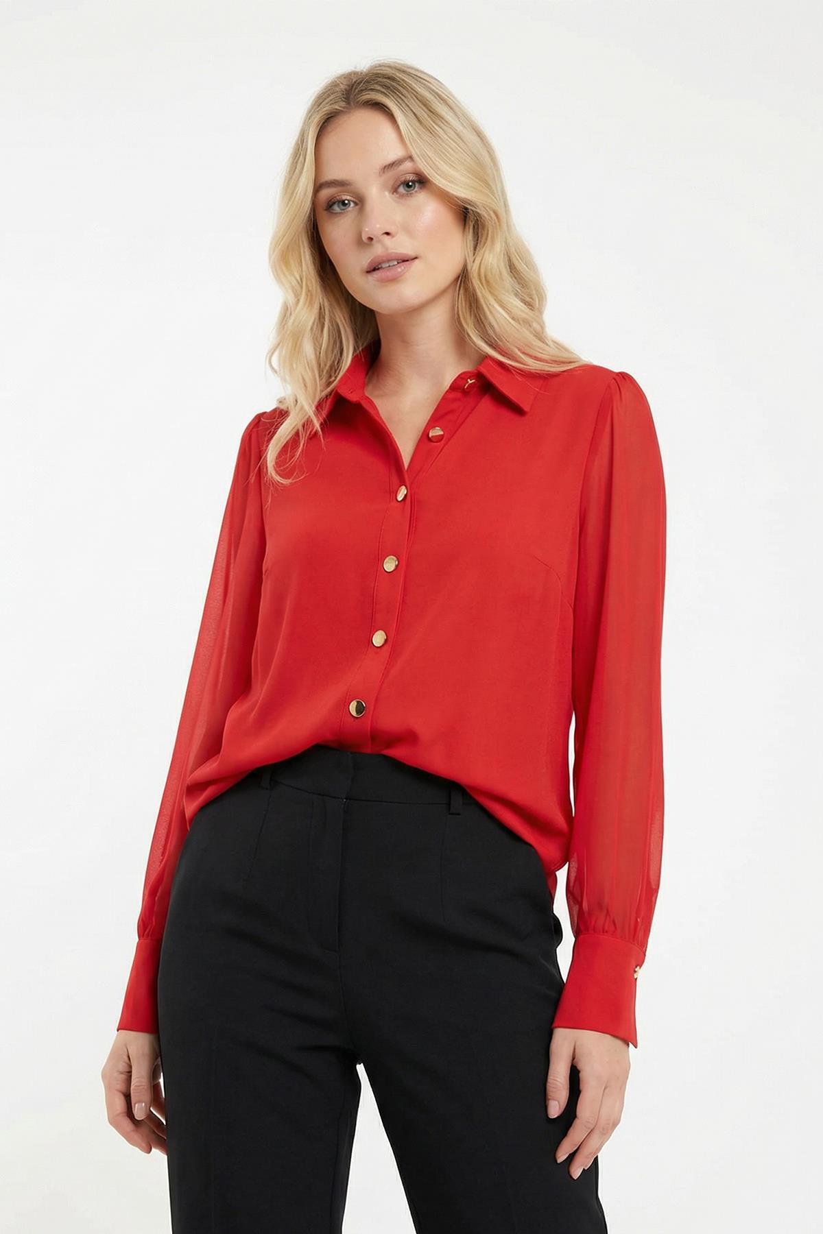 9475 Kol Tüllü Düğmeli Bluz Kırmızı - RAYS