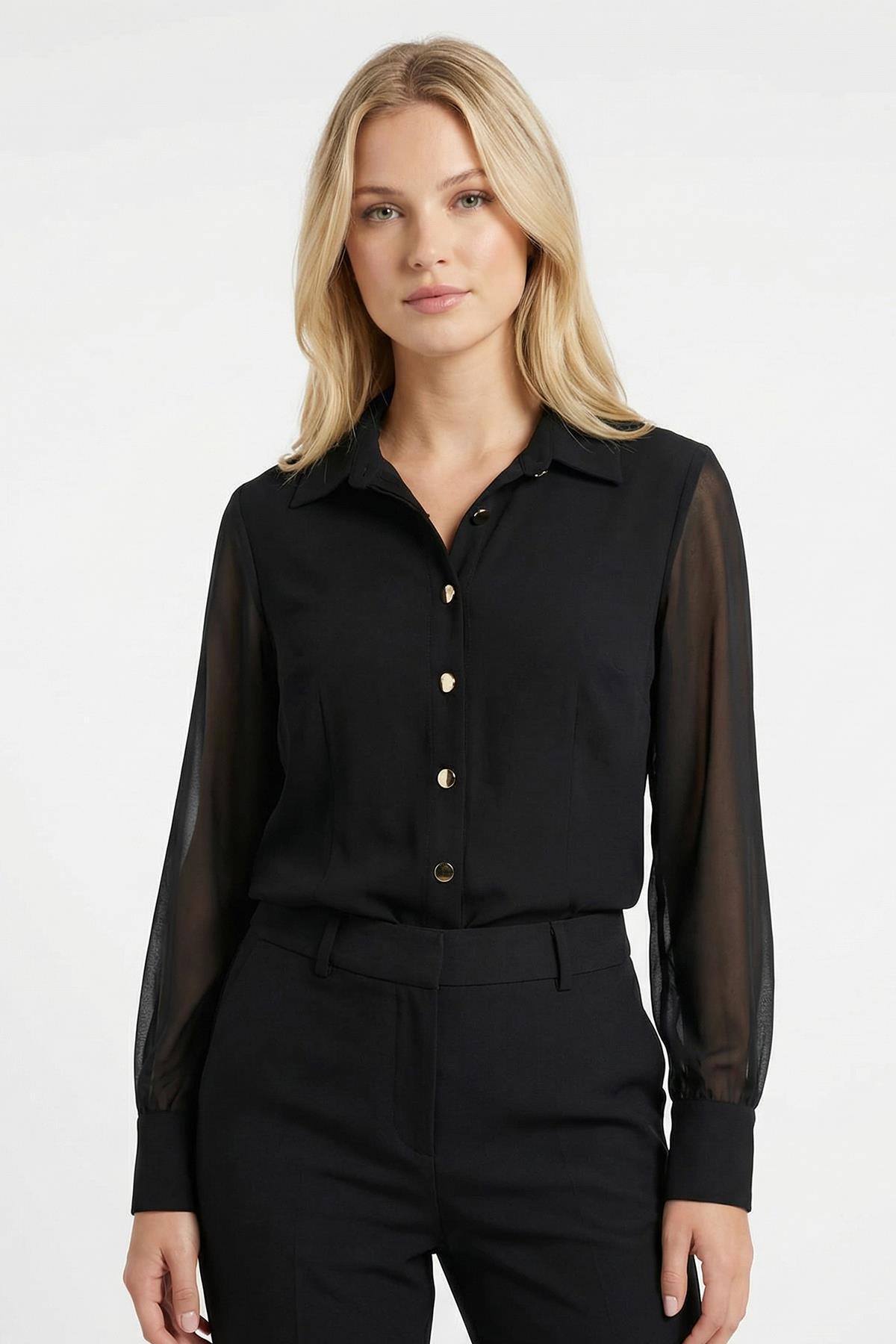 9475 Kol Tüllü Düğmeli Bluz Siyah - RAYS