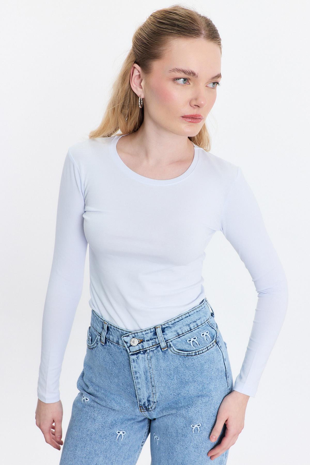 950 Uzun Kol Basic Bluz Beyaz - 6