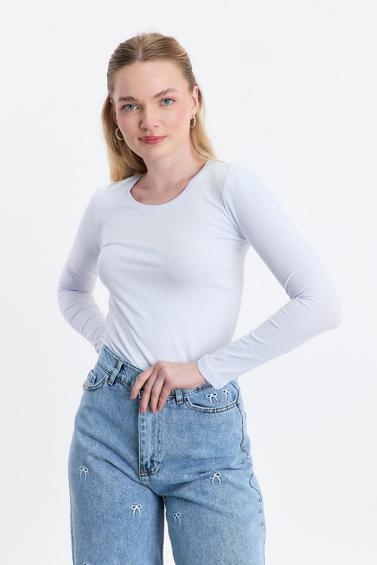 950 Uzun Kol Basic Bluz Beyaz - 8