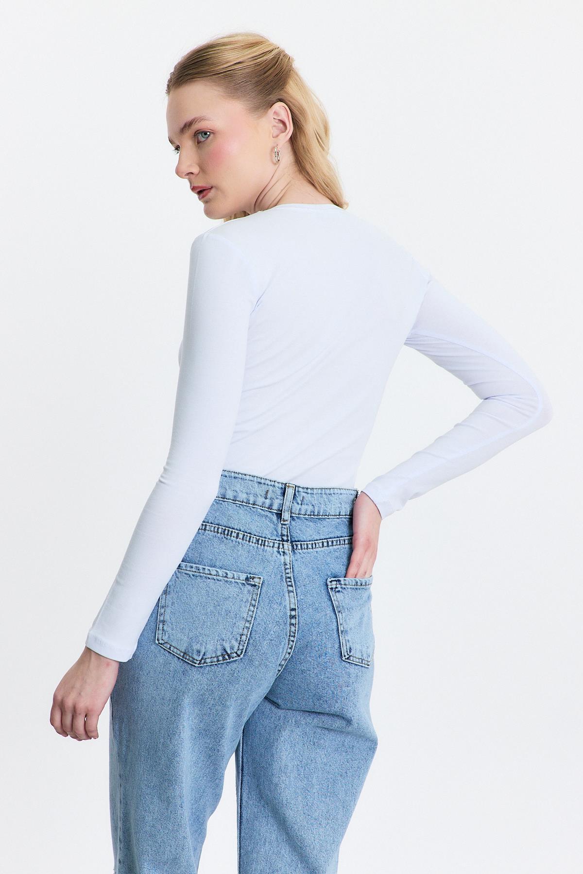 Beyaz Uzun Kol Bisiklet Yaka Basic Body 950 - 5