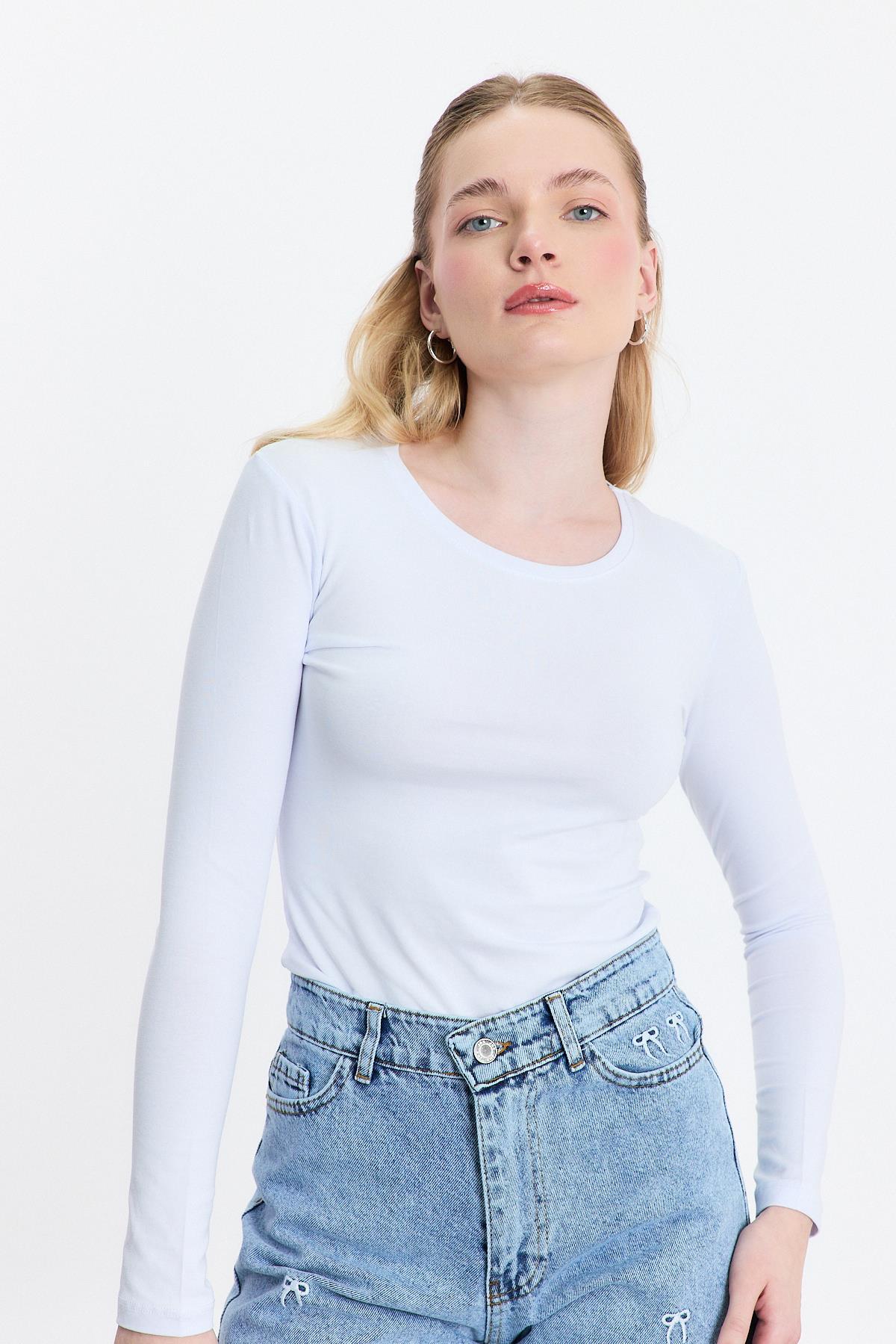 Beyaz Uzun Kol Bisiklet Yaka Basic Body 950 - 1