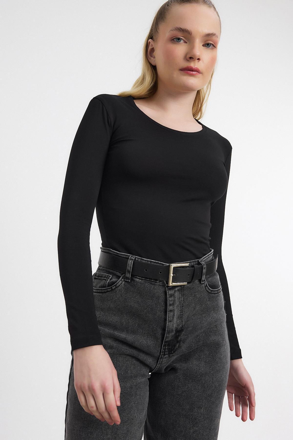 950 Uzun Kol Basic Bluz Siyah - 1