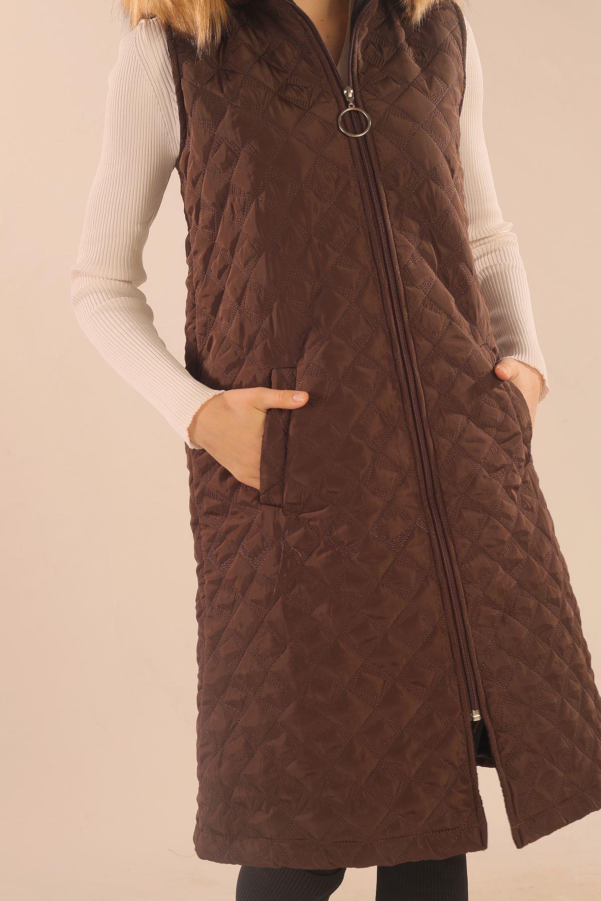 9523 Kürk Detay Kapitone Yelek Kahve - 5