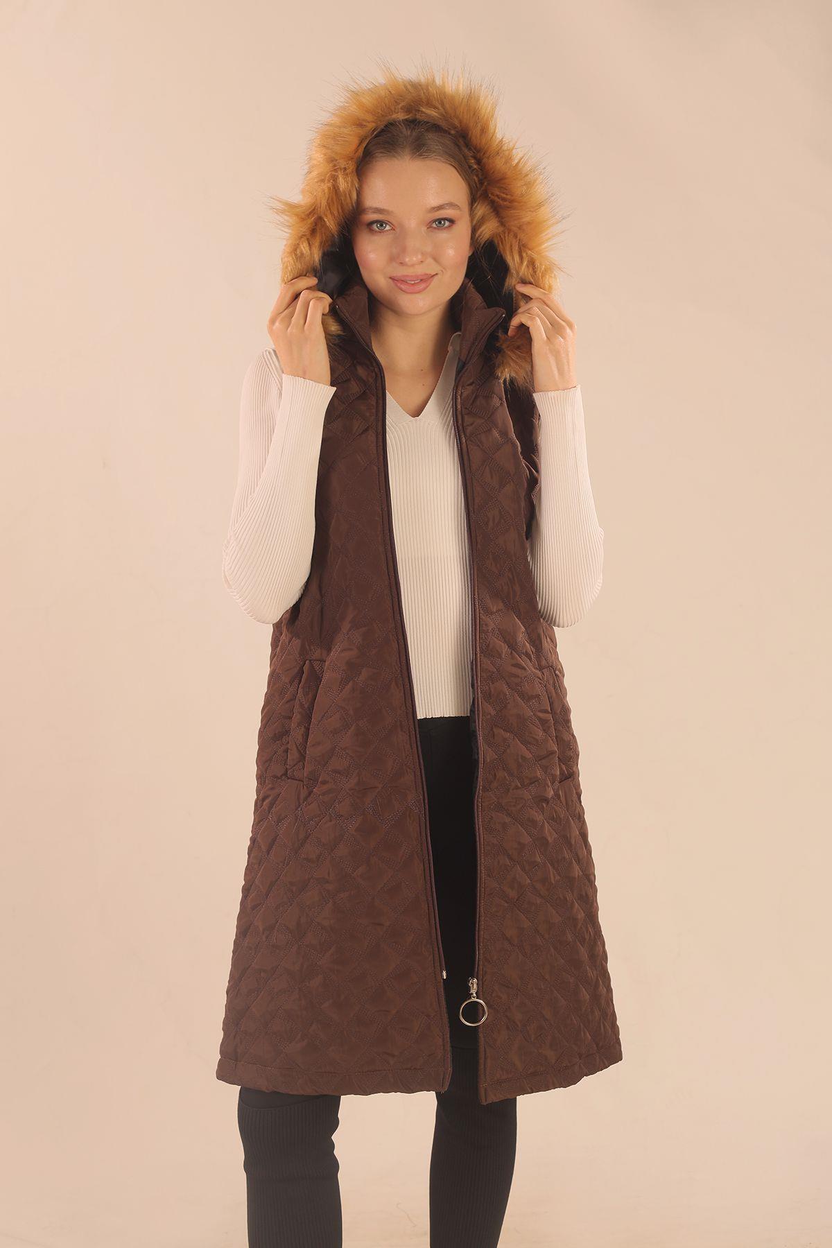 9523 Kürk Detay Kapitone Yelek Kahve - 2