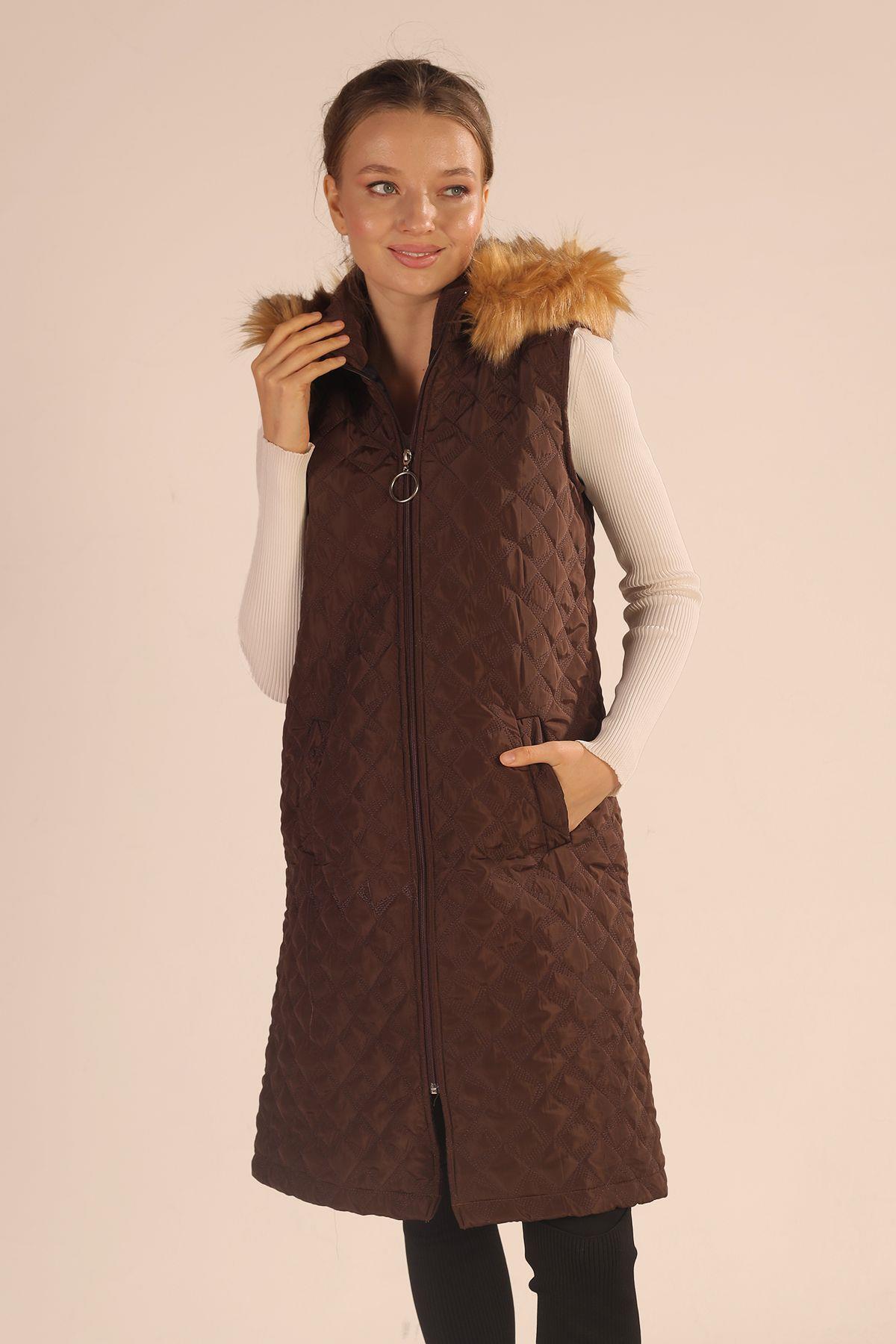 9523 Kürk Detay Kapitone Yelek Kahve - 4