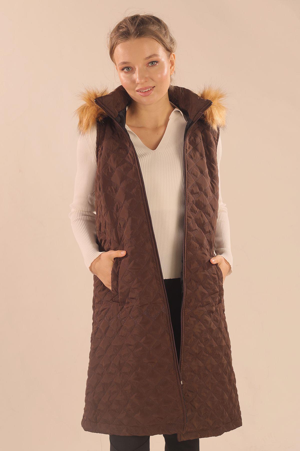 Kahve Kürk Detay Kapitone Yelek 9523 