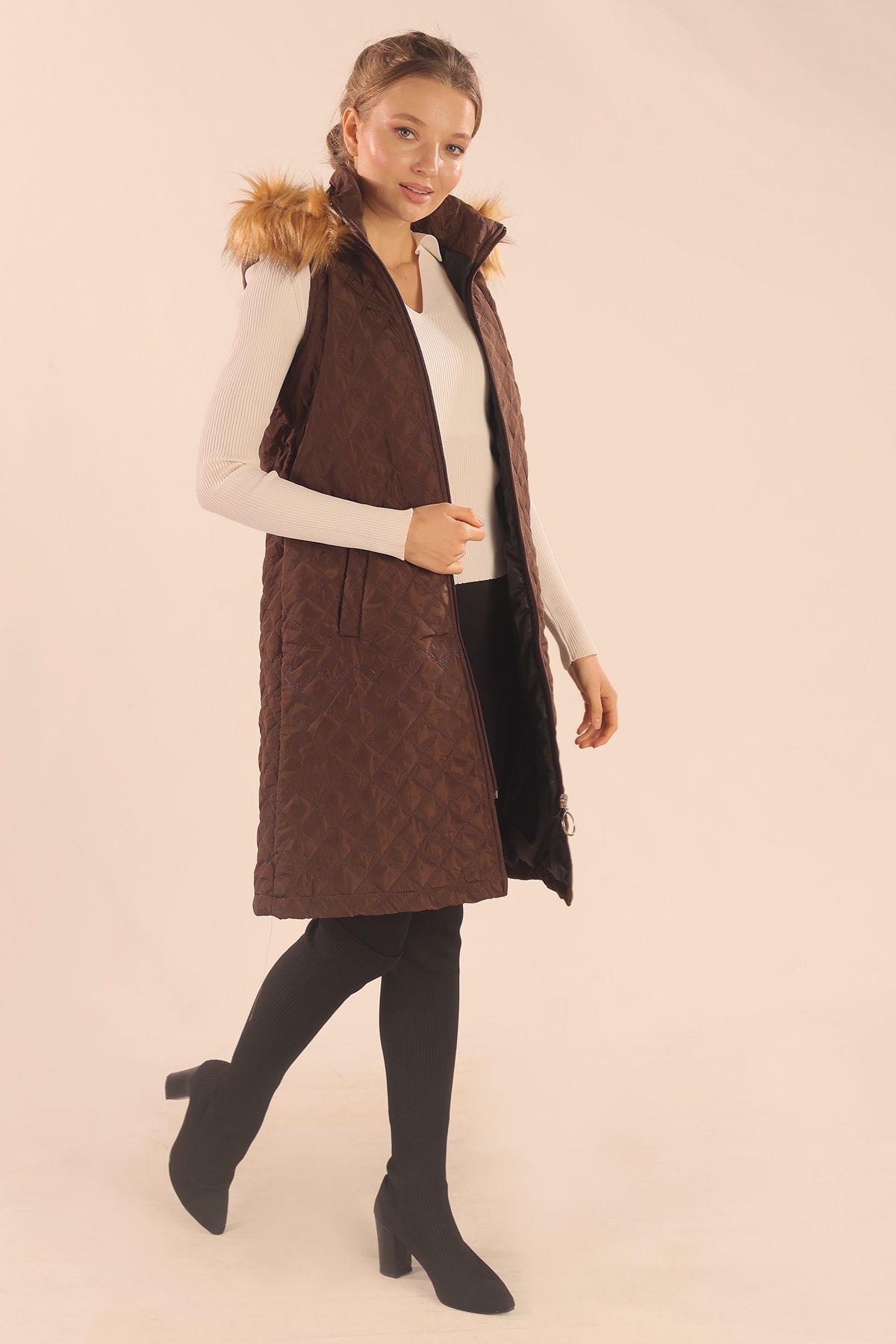 Kahve Kürk Detay Kapitone Yelek 9523 - 7