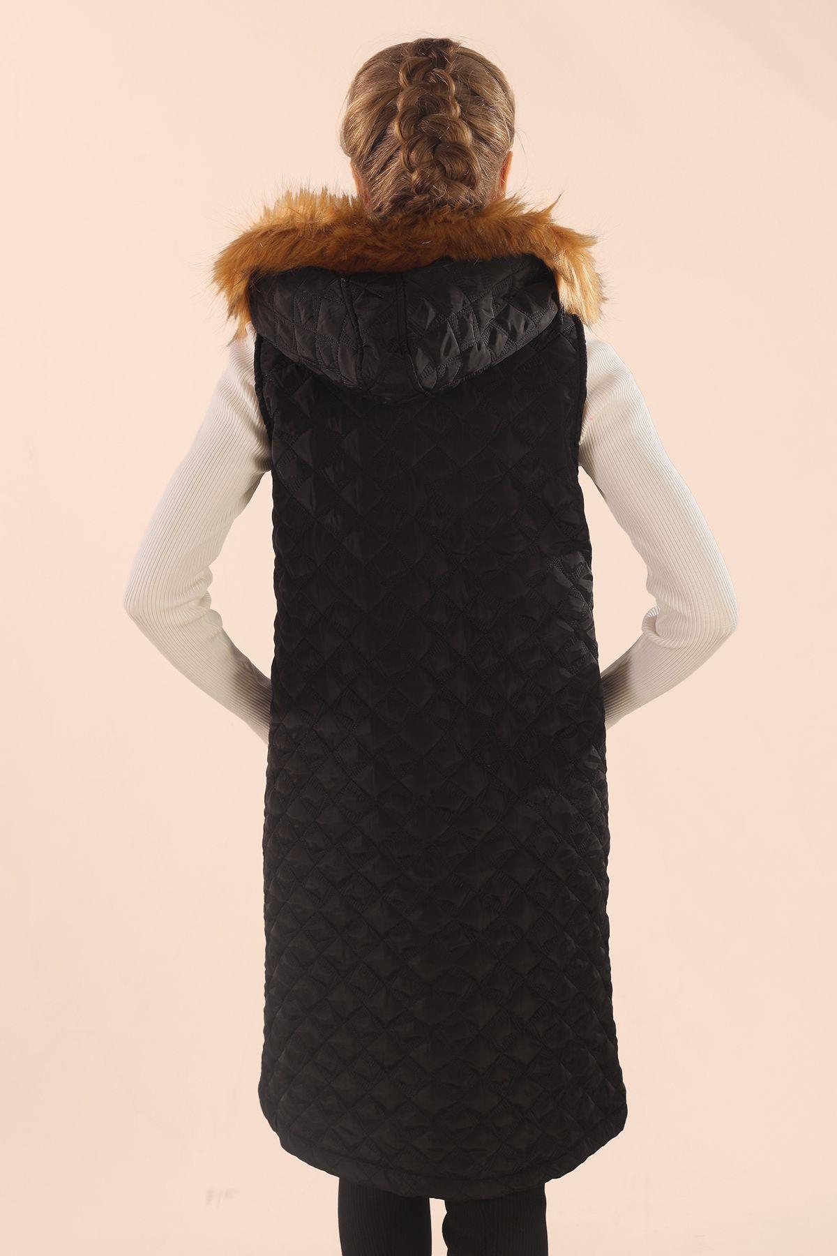 9523 Kürk Detay Kapitone Yelek Siyah - 6