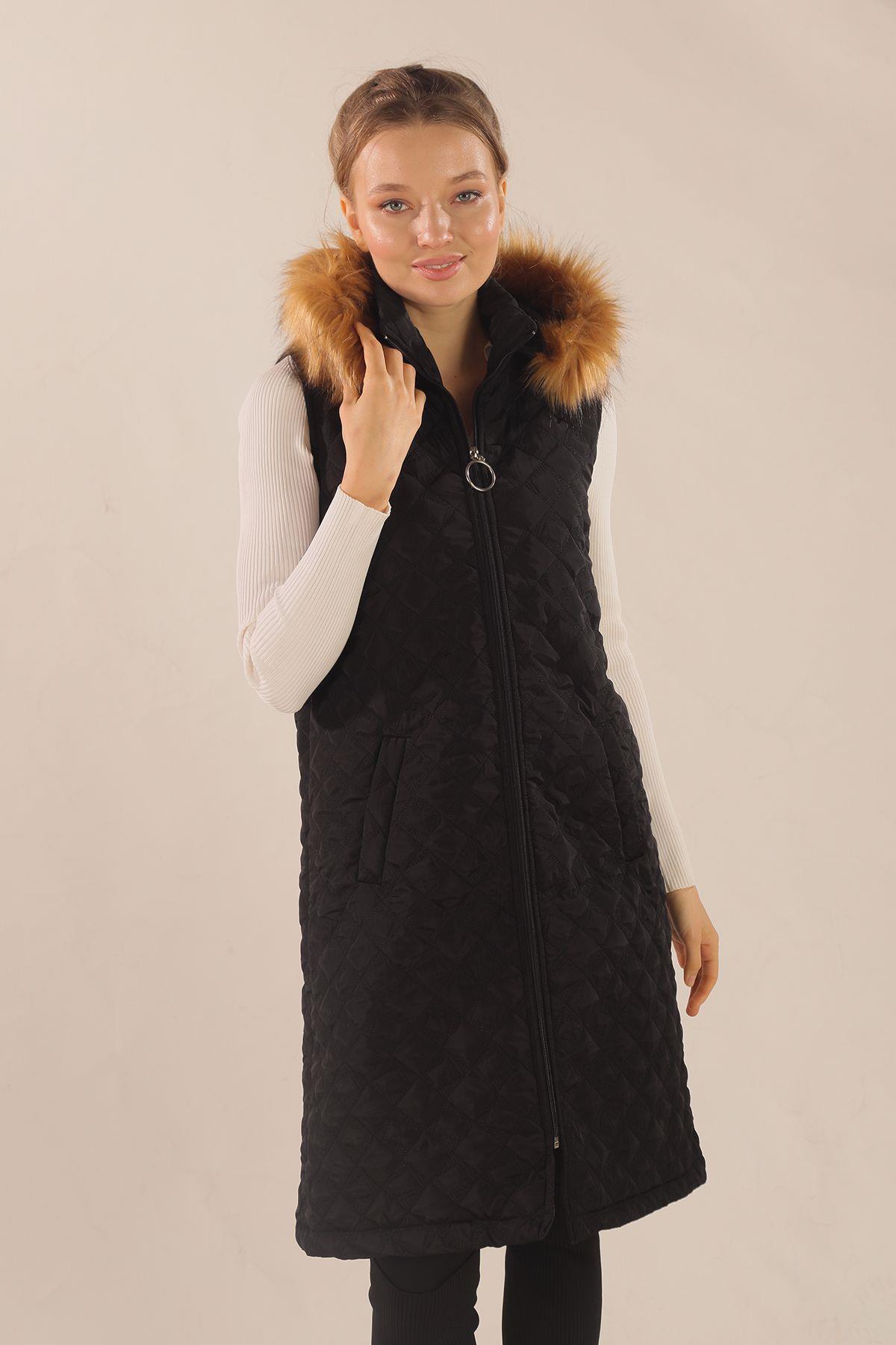 9523 Kürk Detay Kapitone Yelek Siyah - 5